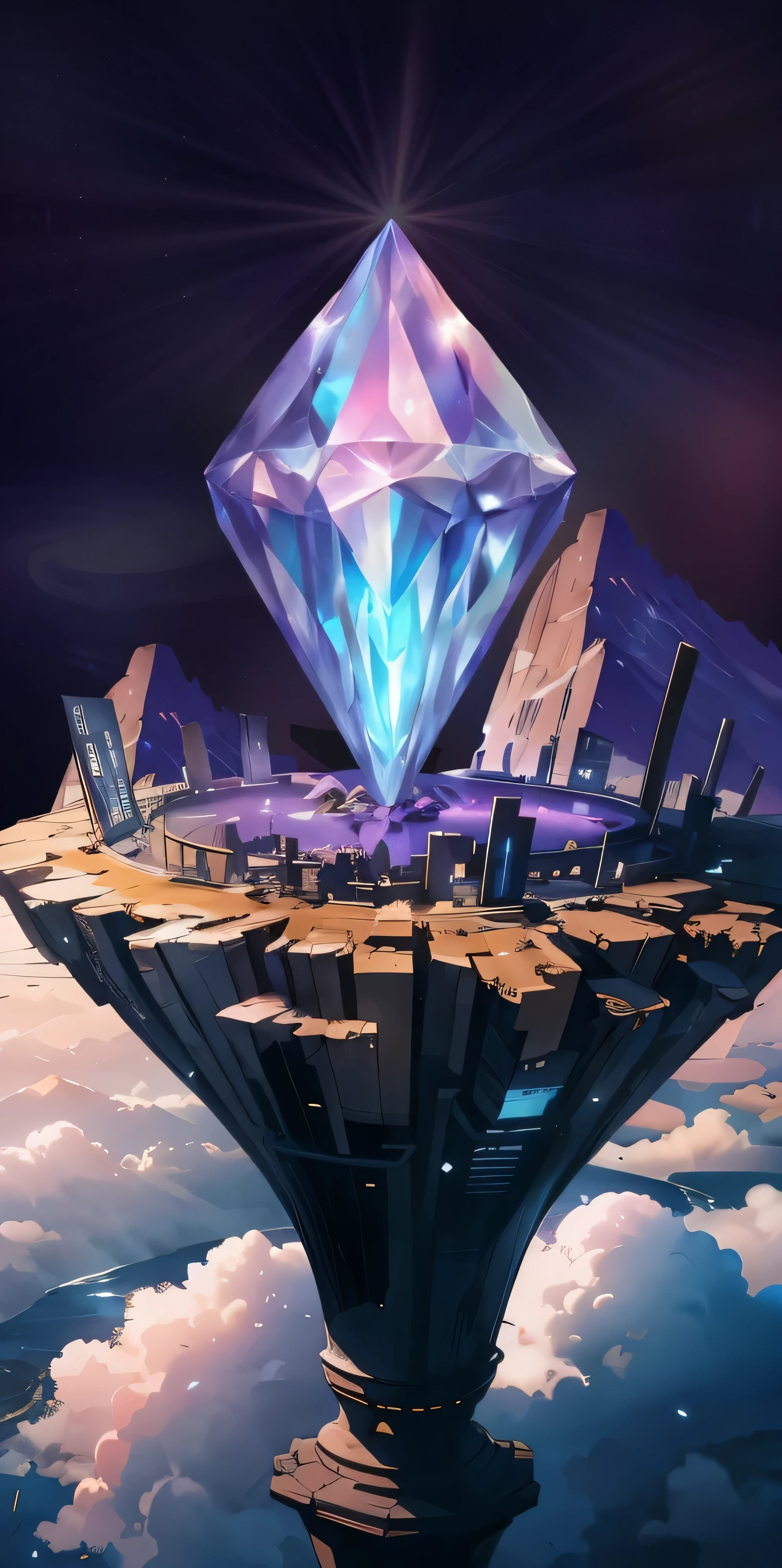 There is a diamond floating in the sky，The background is a city, 8k hd wallpaperjpeg artifact, 8k hd wallpaperjpeg artifact, stylized concept art, 4k highly detailed digital art, 4k detailed digital art, Fantasy Desert Crystal Island, 8k high detail concept art, Concept Art 8K, Concept art wallpaper 4K