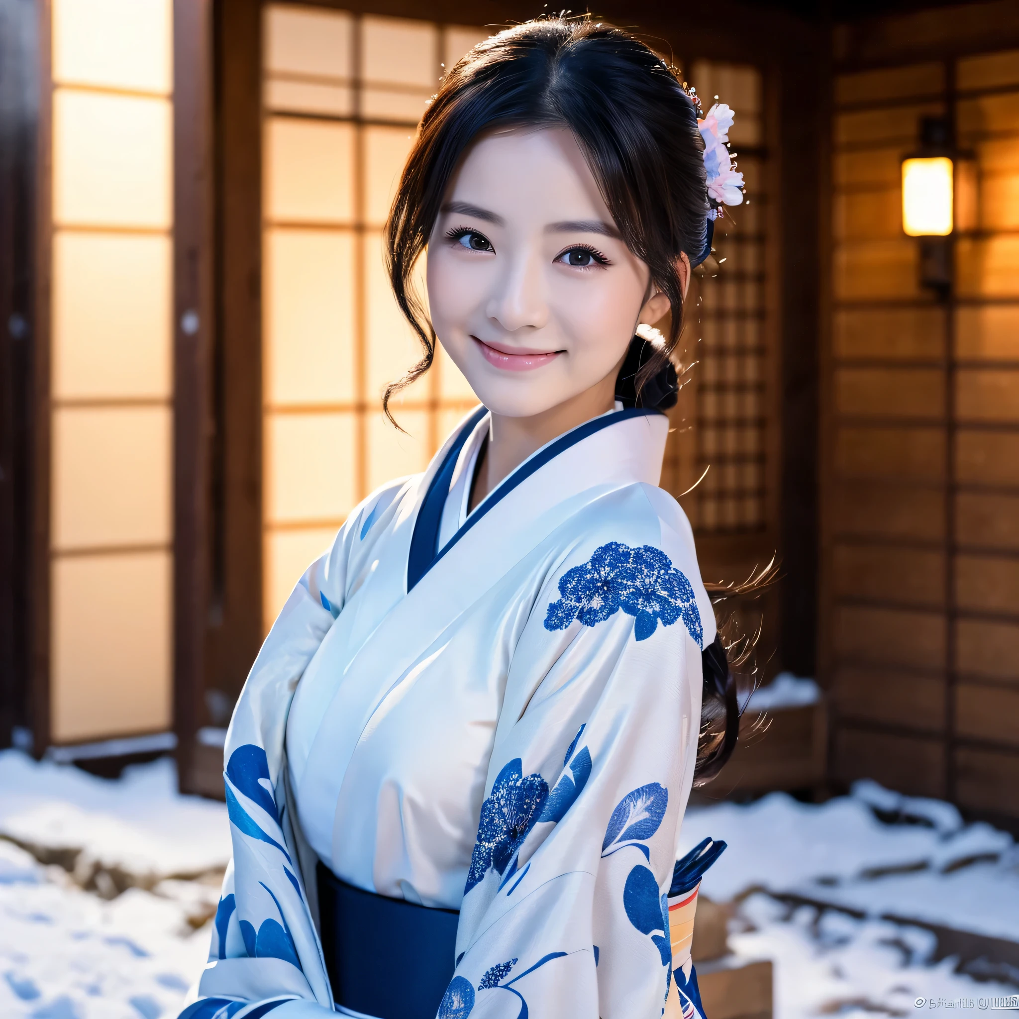 (Super beautiful woman in kimono)、((best qualtiy、8k masterpieces:1.3))、foco nítido:1.2、(ultra beautiful faces:1.0)、(shinny skin:1.0)、photos realistic、A dark-haired、Video Lighting、High-definition eyes and face、Video Lighting、Japanese actressl、from the front side、medium breasts、With a happy smile、Slender Abs Beauty、Whole body、wearing kimonos、In a snowy landscape in the middle of winter、highest grade obi