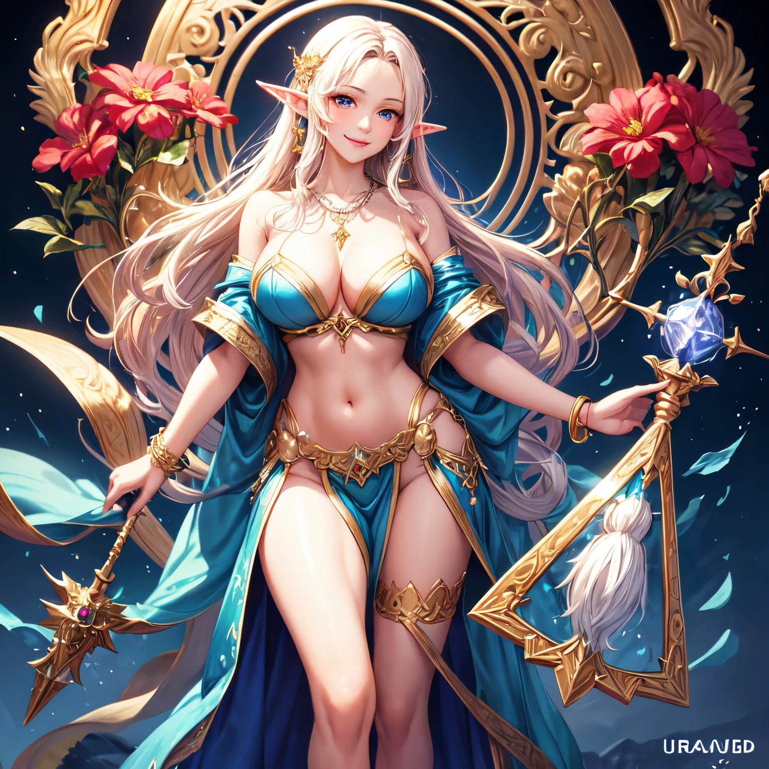 ((best quality)), ((masterpiece)), (detailed), perfect face,sorceress,legendary staff,smile,ring,bracelet,necklace,legendary robe,sexy,flowefield background,full body,8k ultra hd,large breast,elf