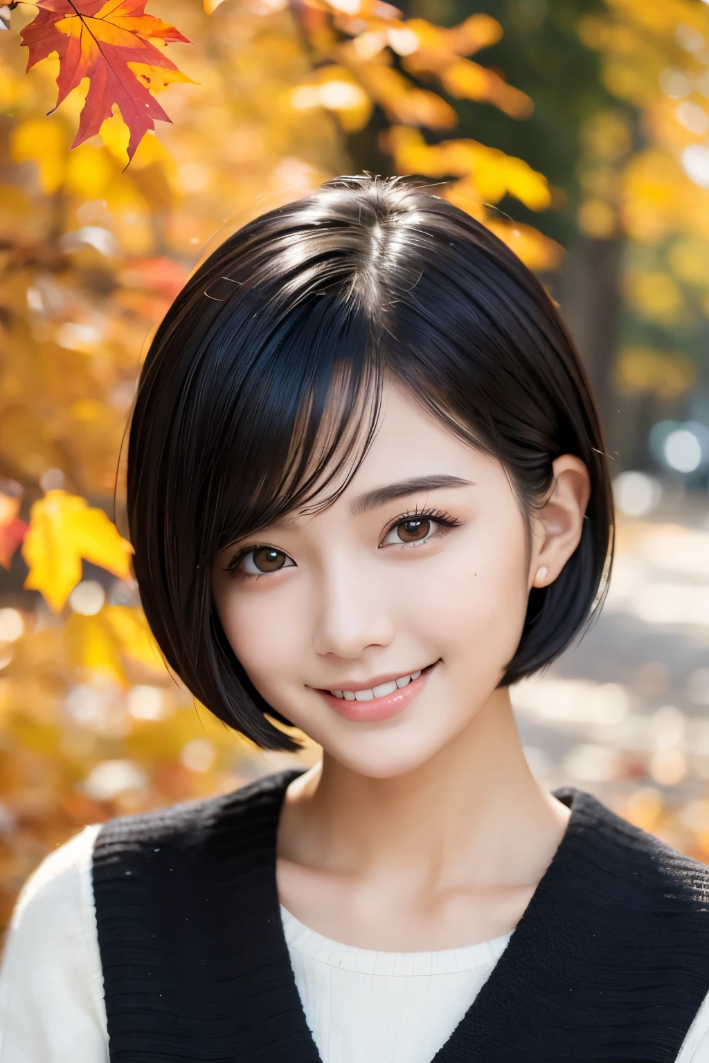 22year old(年轻)、Black Hair Bob、natural and light makeup、Autumn、Smiling expression、、Natural finish、For autumn leaves、Portrait image、cute little