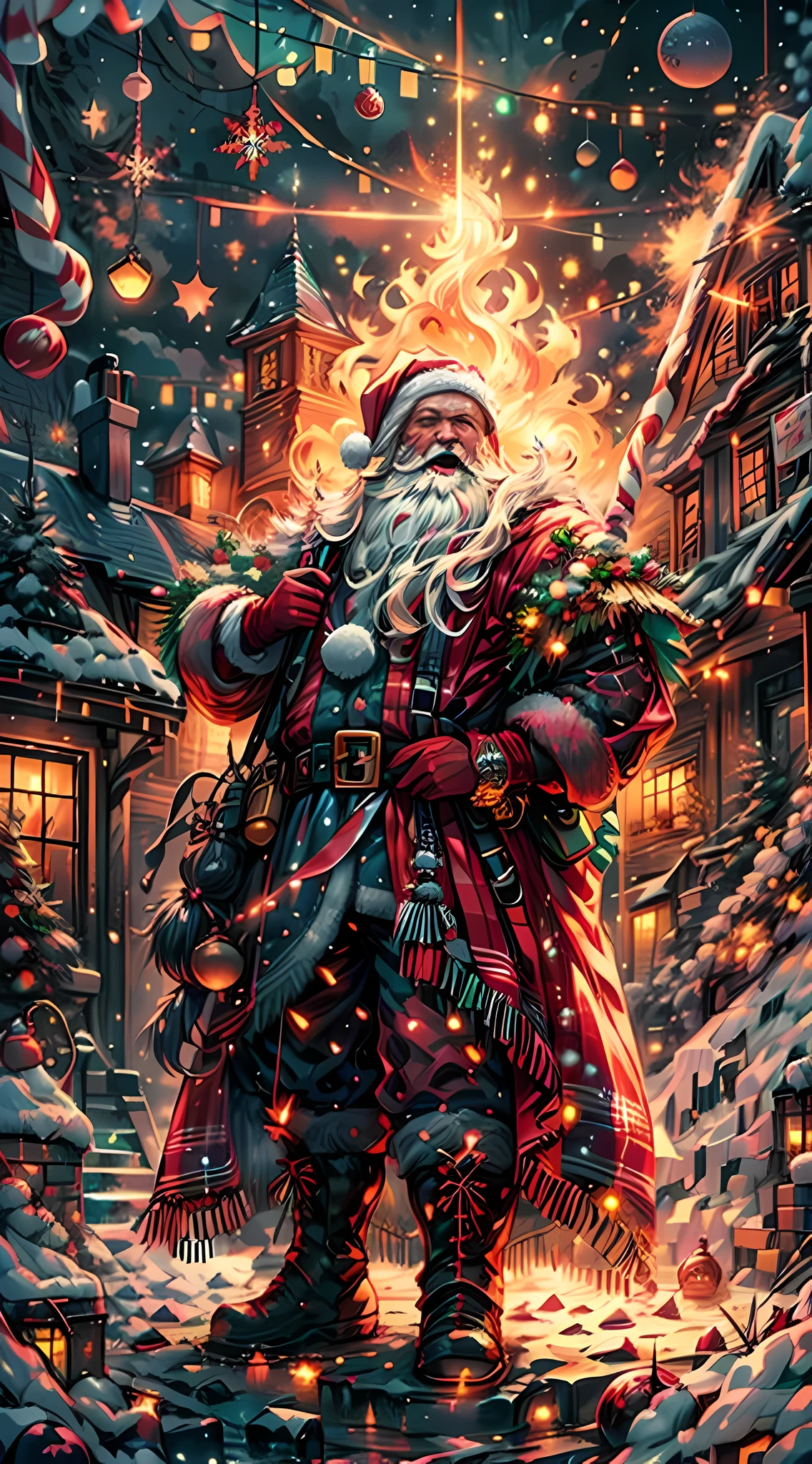 Full body,(a detailed artwork), Santa Claus as boss of game Dark Souls in the Christmas DLC, detailed eyes of Santa Claus, detailed lips of Santa Claus, extremely detailed face and beard, long white beard, muscular body of Santa Claus, wearing gold armor, holding a giant candy cane as a weapon, surrounded by a dark and gloomy environment with glowing Christmas lights, intense boss fight with fiery effects and explosions, high-resolution image (4k, 8k), HDR lighting, realistic portrayal, vibrant colors, atmospheric and ominous feel, intense action-packed scene.