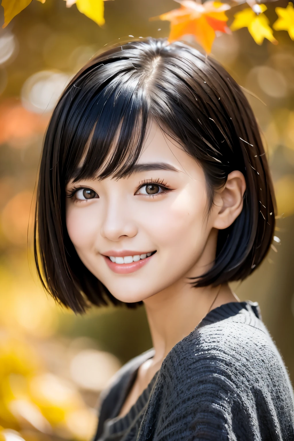 22year old(年轻)、Black Hair Bob、natural and light makeup、Autumn、Smiling expression、、Natural finish、For autumn leaves、Portrait image、cute little