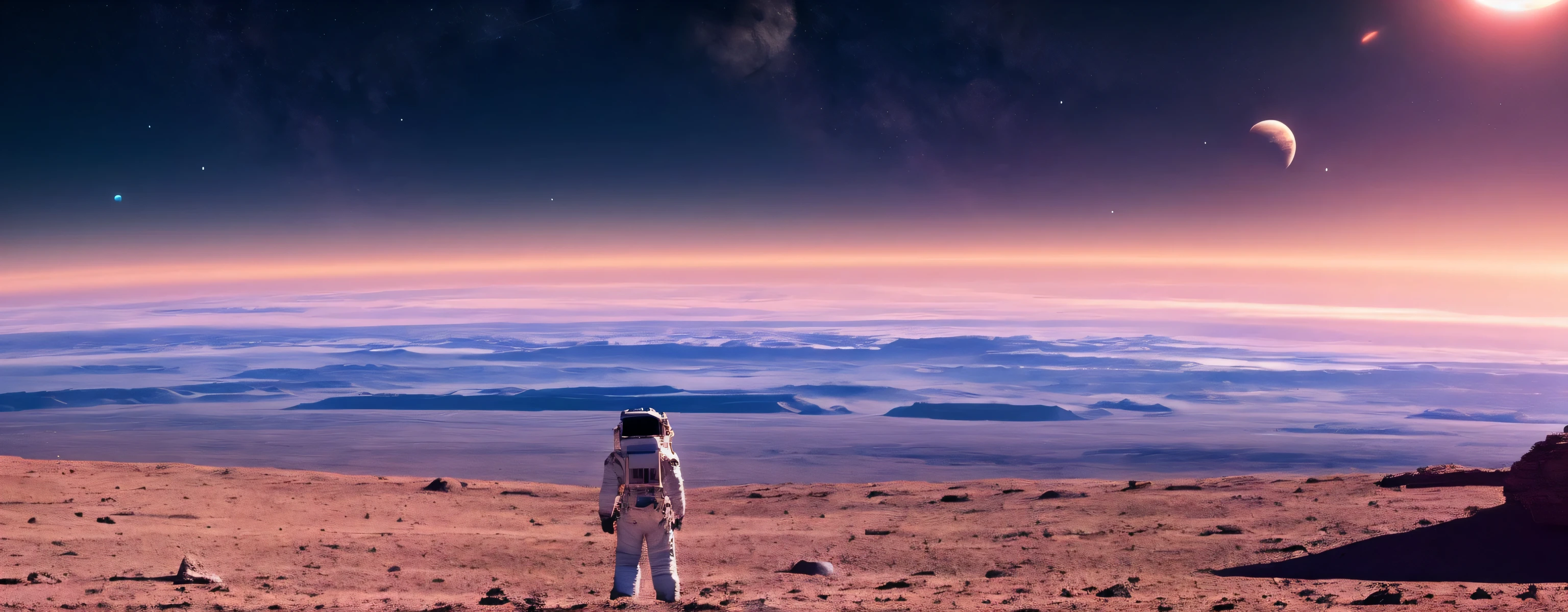 There is a bright planet in the distance,The astronaut,The horizon is already far away, 4K, Alien planet in the distant sky, headquarters 4k wallpaper, Space landscape, Planets in space above the horizon, Beautiful alien landscape, Extraterrestrial surface, stunning alien landscape, 8k wallpaper, 8k wallpaper, 4K vertical screen wallpaper, 4K vertical screen wallpaper