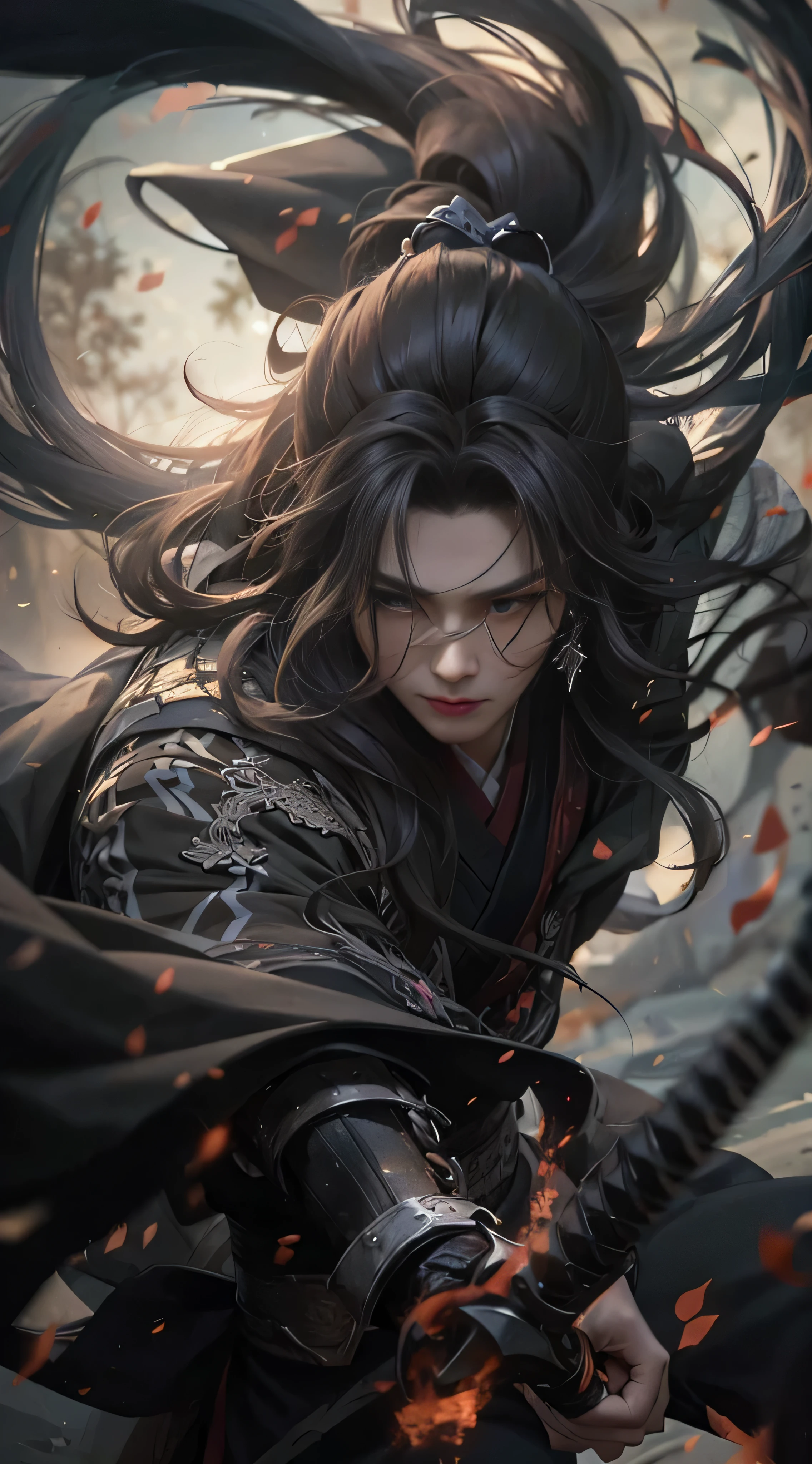 A warrior,long way hair,Hanfu,robe,Sword,Handsome face shape,Lifelike:1.2