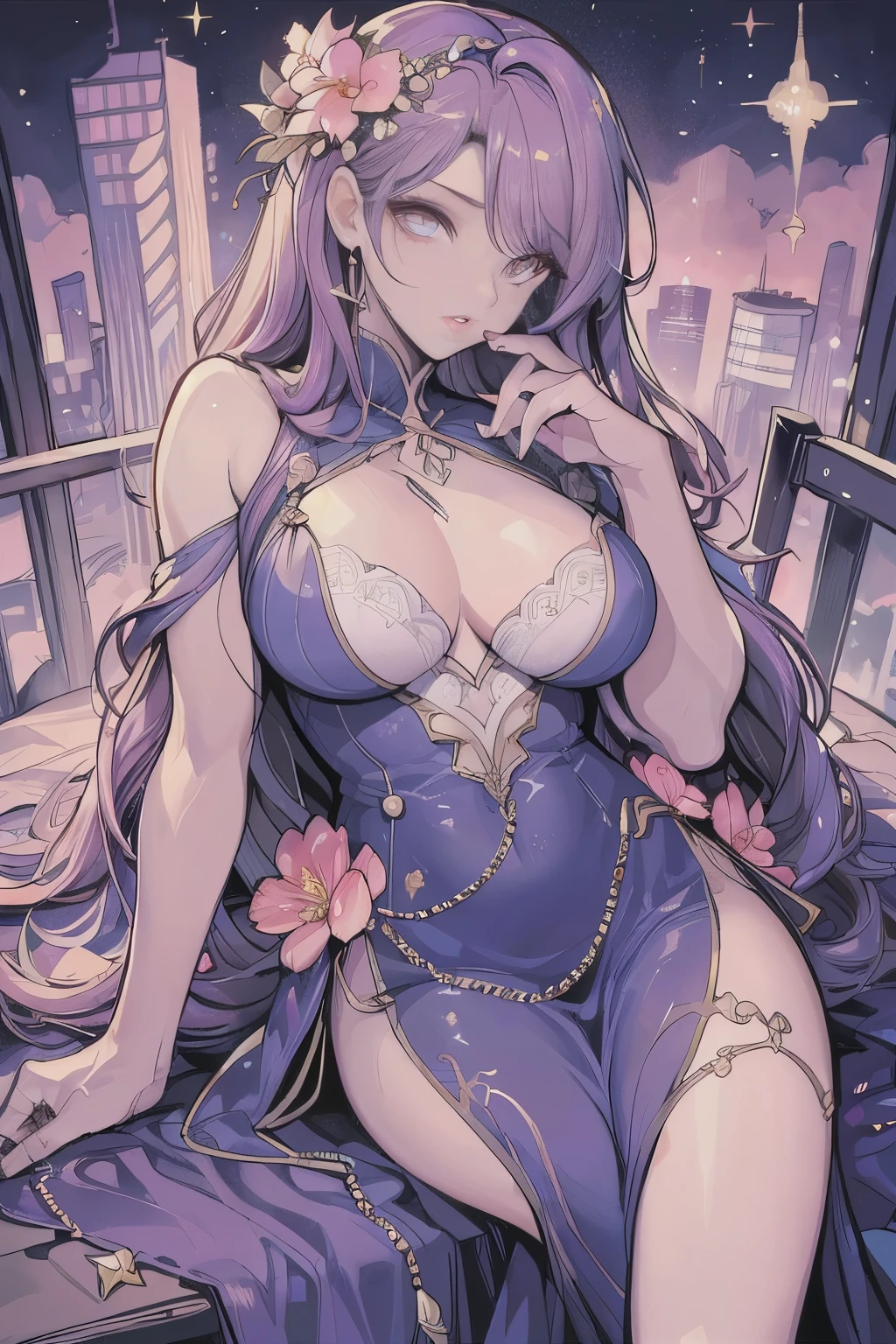 High quality, 8K, Detailed depiction, biologically correct, prety woman, Sparkly eyes, clear eyeballs, A detailed eye, False lashes, Moist and glossy lips, toned body, large full breasts, Lustrous skin, morning flower dress, morning flower accessory,