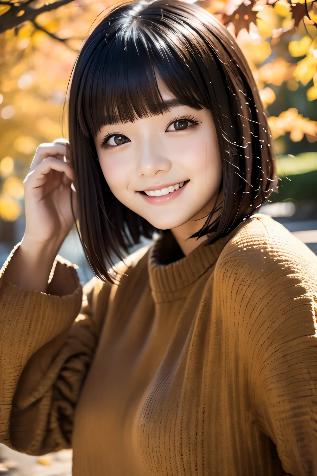22year old(年轻)、Black Hair Bob、natural and light makeup、Autumn、Smiling expression、、Natural finish、For autumn leaves、Portrait image、cute little