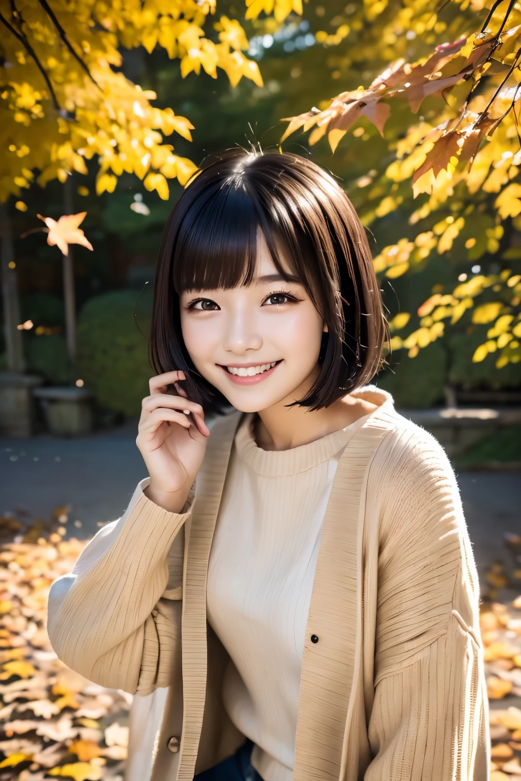 22year old(年轻)、Black Hair Bob、natural and light makeup、Autumn、Smiling expression、、Natural finish、For autumn leaves、Portrait image、cute little
