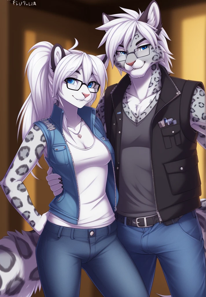 by fluff-kevlar, (best quality, masterpiece:1), solo, anthro, furry, female, ((Snow Leopard)), blue eyes, white hair, long hair, ponytail, portrait, fingers, finger claws, looking at viewer, snow leopard tail, ((large tuft of hair on the chest)), ((denim jeans)), ((jacket)), ((shirt)), ((fully clothed)), ((medium breasts)), (tactical vest), (backpack), ((nerd)), glasses, braces, smiling, ((1woman)), ((1man)), ((man's arm around woman's waist)) ((posing for photo)) ((Male anthro husky)), ((taller male)), ((shorter female)), ((bulge down pants leg))