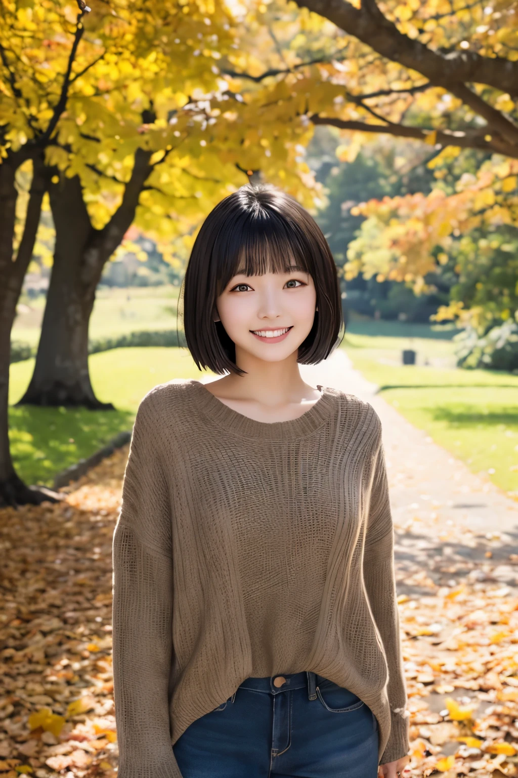 22year old(年轻)、Black Hair Bob、natural and light makeup、Autumn、Smiling expression、、Natural finish、For autumn leaves、Portrait image、cute little