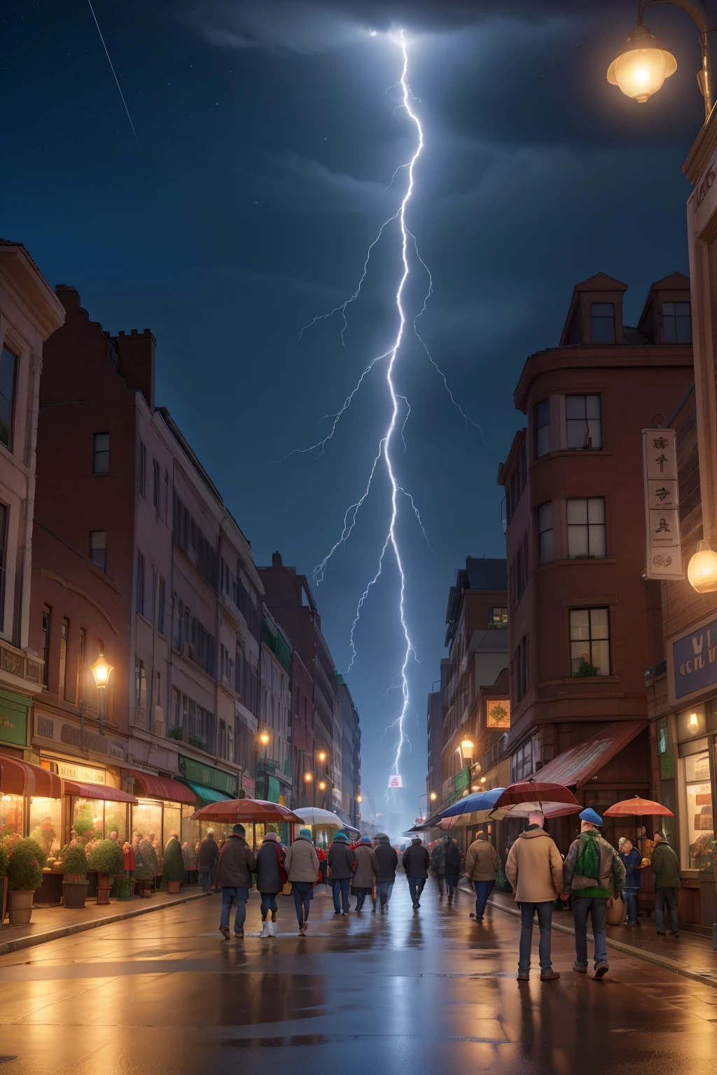 It's night in the city center, it's Christmas Eve, rainy and lightning