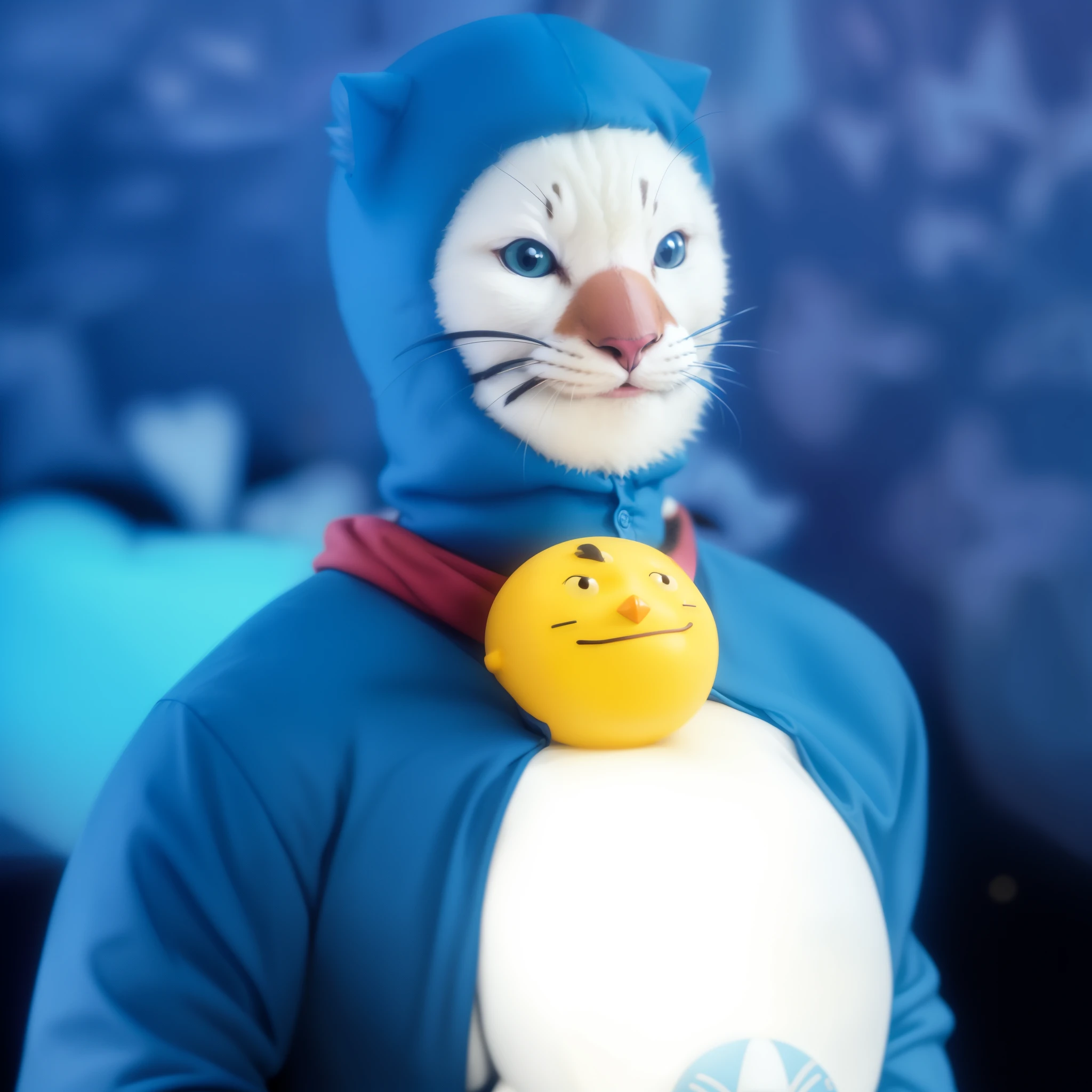 there is a fake cat in a blue suit with a yellow ball, doraemon, as a claymation character, still from a live action movie, anthropomorphic penguin, blue penguin, japanese mascot, shiro takatani, rin, scene from live action movie, tekkon kinkret, shusei nagaoka