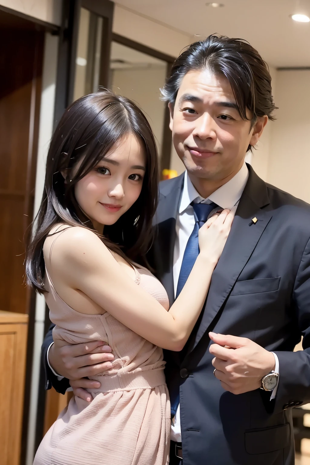 A work depicting a scene in which a man and a woman in Japan cuddle together。The man was about 51 years old.、The man has gray hair, Plump body。The man is wearing a fashionable suit。The man is charismatic」The other was about 23 years old..、with a slim body of average height,,,,、Distinctive black hair and brown eyes.。cheerful and positive personality。There is a strong trust and deep bond between the two.、Draw with beautiful backgrounds。(8k、RAW Photos、top-quality、​masterpiece:1.2)、(reallistic、フォトreallistic:1.37)