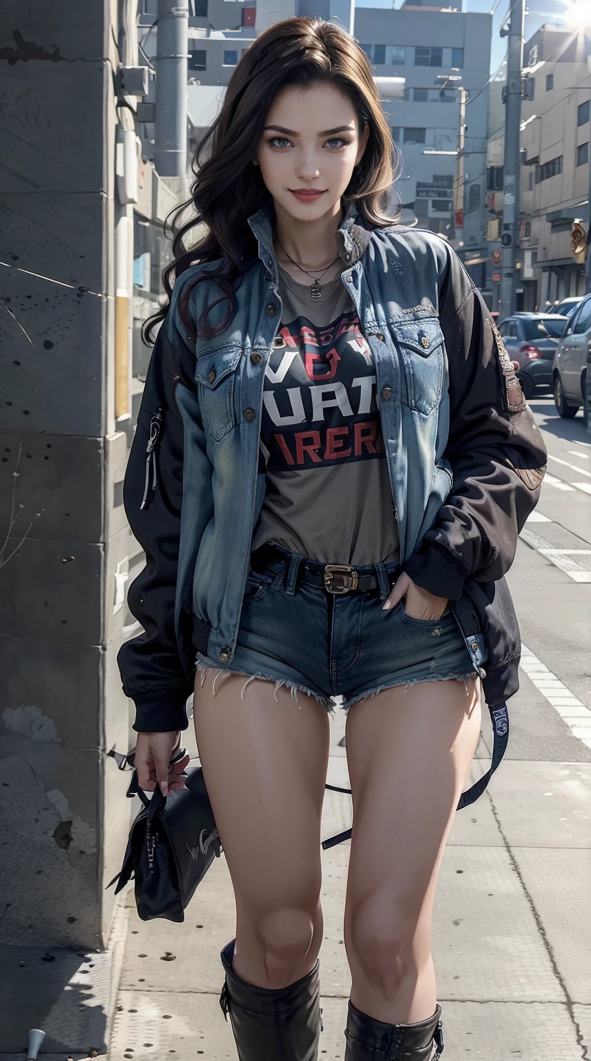 19-year-old woman、Hair color is brunette、Eye color is blue、Longhaire、wearing eye shadow and lipstick、Slender but well-proportioned muscular body、a smile、huge tit、is wearing jacket、He wears a shirt with a logo inside his jacket.、I'm wearing boyfriend denim、I'm wearing high heels、a smile、You're in the middle of an old concrete wall with wall art、The sun is shining from above、I'm working on my jacket's pocket so there's no damage.