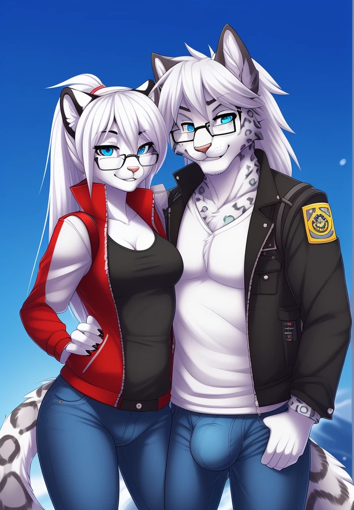 by fluff-kevlar, (best quality, masterpiece:1), solo, anthro, furry, female, ((Snow Leopard)), blue eyes, white hair, long hair, ponytail, portrait, fingers, finger claws, looking at viewer, snow leopard tail, ((large tuft of hair on the chest)), ((denim jeans)), ((jacket)), ((shirt)), ((fully clothed)), ((medium breasts)), (tactical vest), (backpack), ((nerd)), glasses, braces, smiling,  ((1woman)), ((1man)), ((man's arm around woman's waist)) ((posing for photo)) ((Male anthro husky)), ((taller male)), ((shorter female)), ((penis bulge down pants leg))