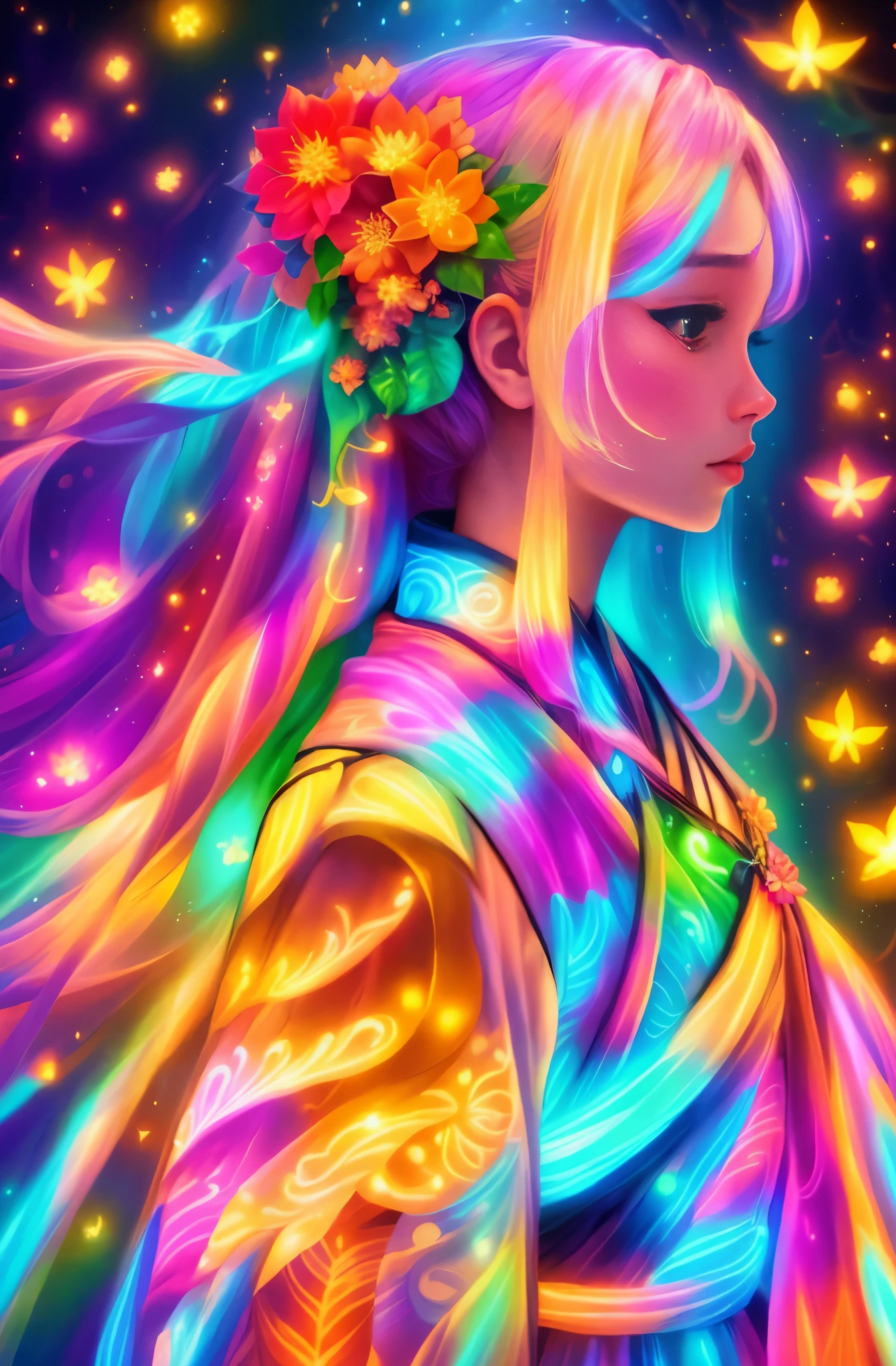 (Best quality at best, 8K, A high resolution, ttmasterpiece:1.2), ultra - detailed, (actual, realistically:1.37), vivd colour, magical ambiance, Whimsical, woman flower, Epiphyllum, An extremely beautiful and bright flower, Indescribably beautiful, a transparent glowing flower, (Ghibli-style colors, first person perspective, hyper HD, tmasterpiece, Acura, Anatomically correct, ctextured skin, super detailing, high detal, high high quality, Award-Awarded, Best quality at best at best, 8K))), hyper realisitc的, Psychedelic, Complicated details, Beautiful texture, Ethereal, like a dream, Soft glowing light, Charming Patterns, fantastical creature, Hidden surprises, 梦幻夜花Epiphyllum, hyper realisitc的 color palette, Mystic aura, hyper realisitc, Enchanting journey, psychedelic trip, vivid imagination, immersive experience, mystery flower, otherworldly charm, glowing paths, Light up the magical flowers, hyper realisitc的天空, Whimsical plants, a magical encounter,Fascinating artwork