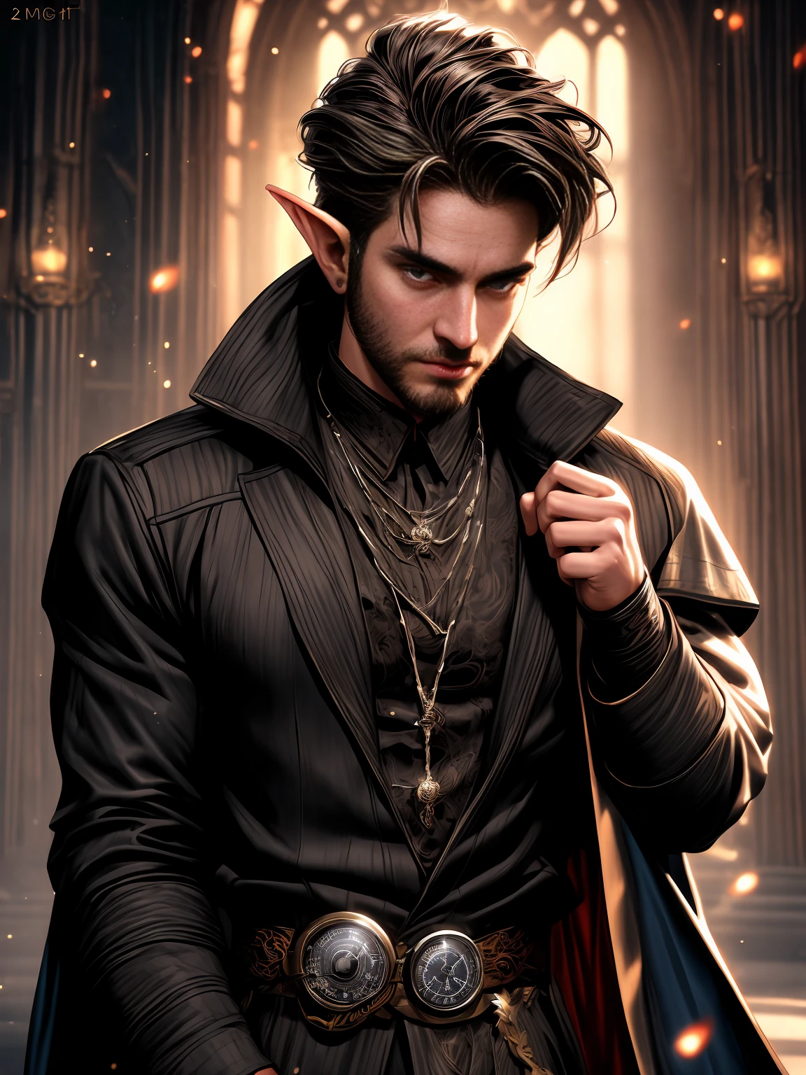 cinematic, portrait, fantasy movie poster, Half Body, muscular male half elf sorcerer, peaceful expressions, short hair hazel pompadour hairstyle, aged 21 with a trimmed beard, In Action Pose casting a spell with a illusory pocket watch, masculine, EMMANUEL LUBEZKI, Gerald Brom, artgerm, Photorealistic, realistic, caras ionut, looking to camera, uhd image --ar 2:3 --stylize 750