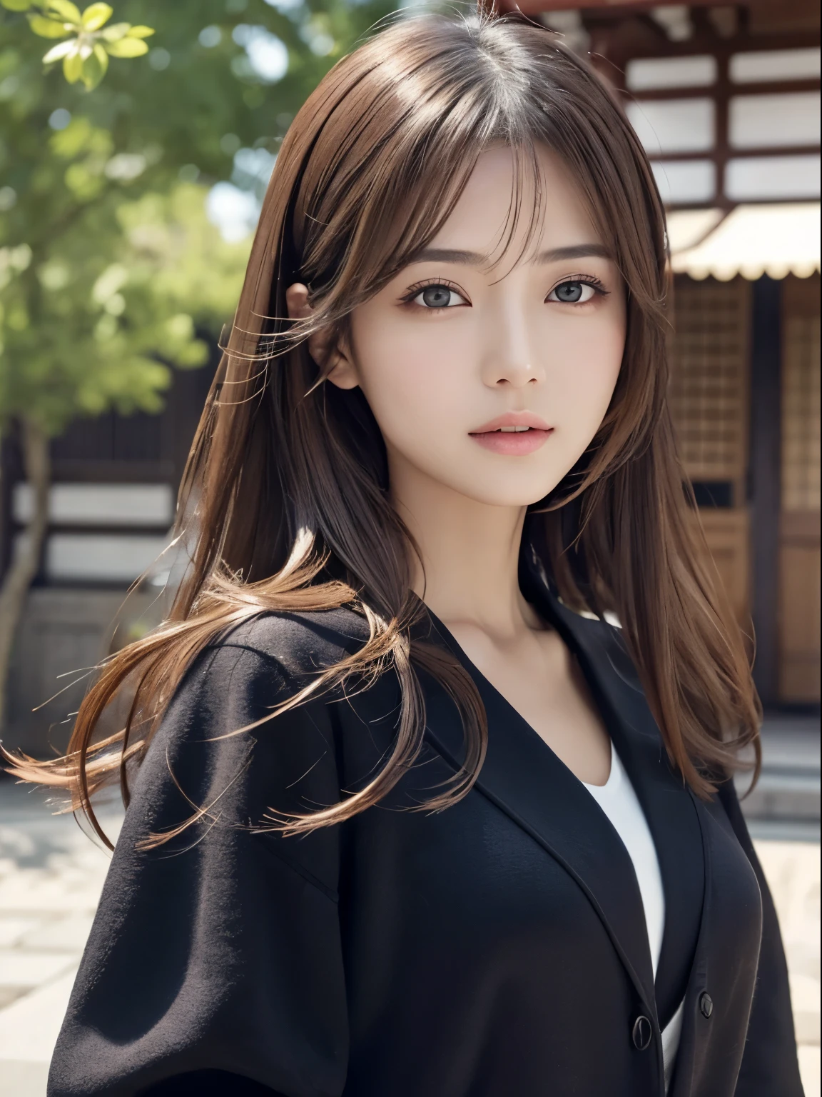 ​masterpiece、1 beautiful girl、detailed brown eyes、Puffy eyes、top-quality, 超hight resolution, (Realisticity: 1.4), cinematlic lighting、(japanes)、Asian Beauty、Super beauty、Medium hair、Beautiful skin、A slender、(Look at viewers)、(A hyper-realistic)、(hight resolution)、(8K)、(ighly detailed)、(beautifully detailed eyes)、(ultra-detailliert)、 (wall-)、A detailed face、Bright lighting、profetional lighting、