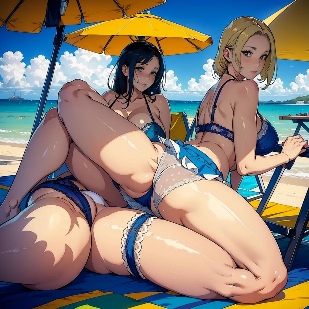 multiple thick body females lounging around large beach chairs under big umbrella shade near a window shack all females wearing different micro skirt, different style of lace patterns bra and panties and stockings, all undergarment color bright yellow, (spread her legs) wearing short skirt