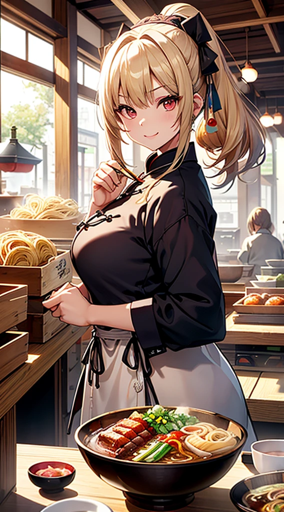 quality、image quality、masterpiece、Girl vs((18 years old、Blue cheongsam、best bust、Bust 90、Blonde hair double ponytail、red eyes、Open your mind、valleylissful、A slender one、ssmile,Fighting posture、Cherry blossom hair accessories)）高quality、beautiful art、Background with((Beautiful ramen shop))、On the table、carefully designed、visual art、