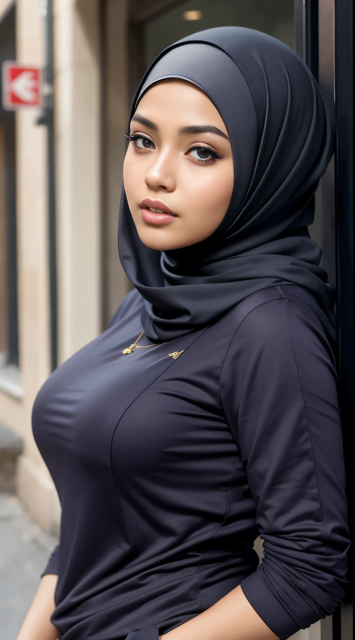 Best quality, high resolution, masterpiece: 1.3), a beautiful malay woman in hijab, big breasts, slim figure, sweatshirt, beautifully presented details in the street and facial and skin texture, detailed eyes, double eyelids, big eyes, big nipples