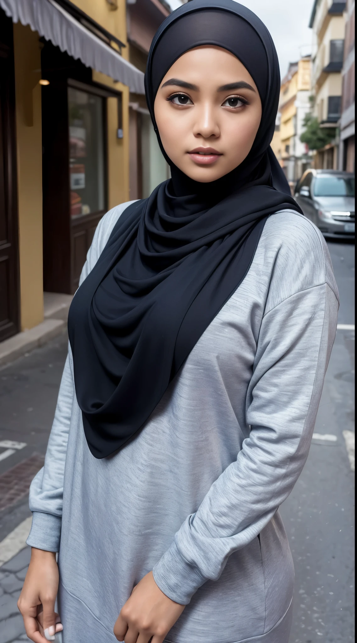 (Best quality, high resolution, masterpiece: 1.3), a beautiful malay woman in hijab, big breasts, slim figure, sweatshirt, beautifully presented details in the street and facial and skin texture, detailed eyes, double eyelids, big eyes