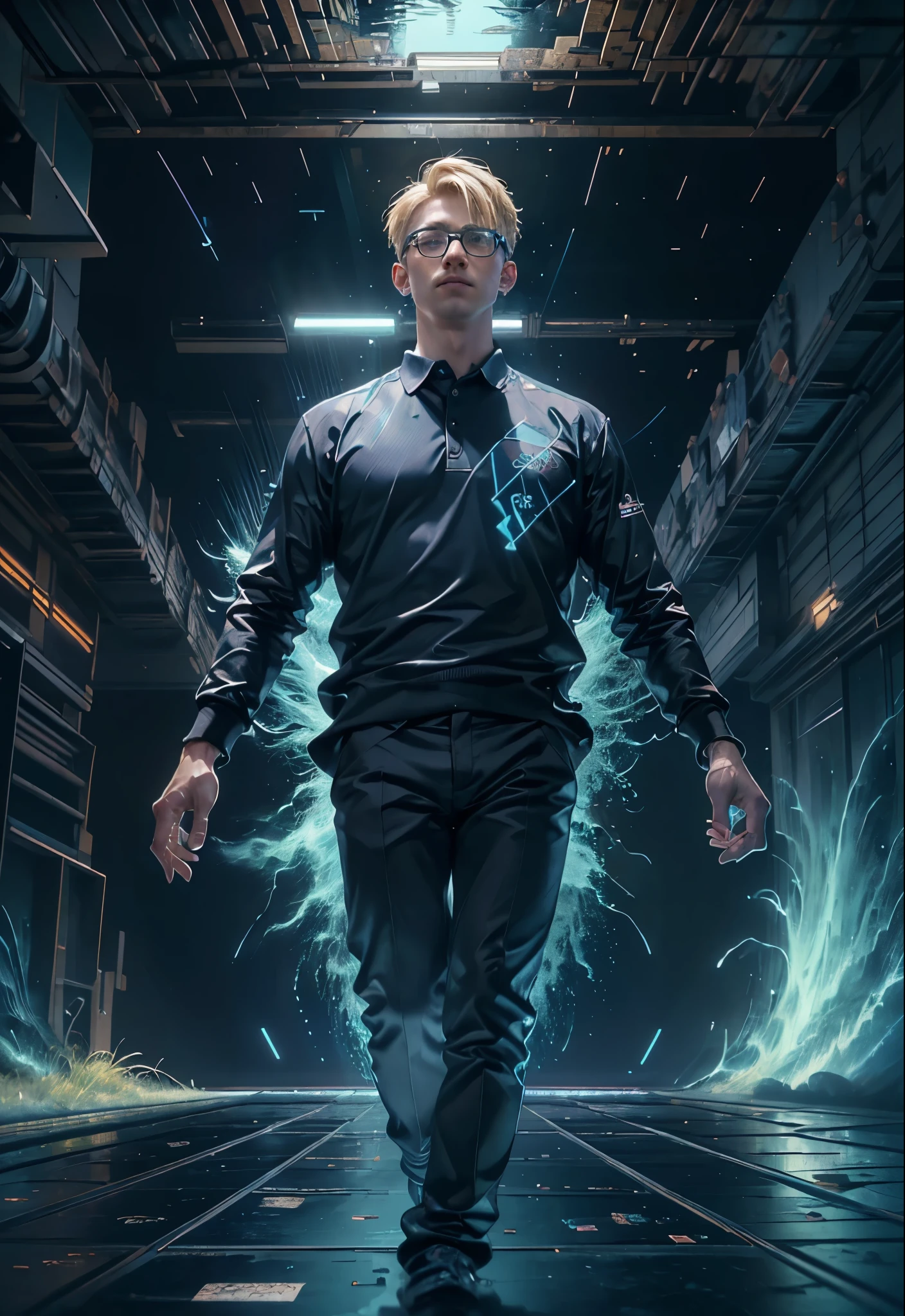 PERFECT MASTERPIECE, EXTREMELY DETAILED CG UNITY 32K UHD QUALITY RESOLUTION, RAW PHOTO, AWARD-WINNING PORTRAIT, OFFICIAL ART, PHOTOREALISTIC, PHOTOGENIC CLARITY, HYPER-REALISTIC, HYPER-DETAILED, The most handsome and dashing businessman, short blonde hair, vibrant moonlight eyes, chiselled jaw, wearing glasses polo shirt and khakis, pointing at futuristic holographic screens conducting a business presentation, confident excited and intrigued facial expression, ((hyper futuristic holographic matrix style coding illuminating from the holographic screens 1.3))((corporate business office background, perfect vibrant primary blue, neutral ivory, neutral navy and accent green color theme, perfect color scheme, close up pov camera view from below 1.3))