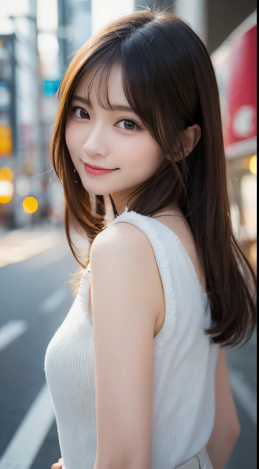 masutepiece, Best Quality, Illustration, Ultra-detailed, finely detail, hight resolution, 8K Wallpaper, Perfect dynamic composition, Beautiful detailed eyes,Medium Hair,small tits,Natural Color Lip, Runrun pose,Smile、20 years girl、Cute、Sexy shot looking at camera,Blur the background,Winter Tokyo formal fashion