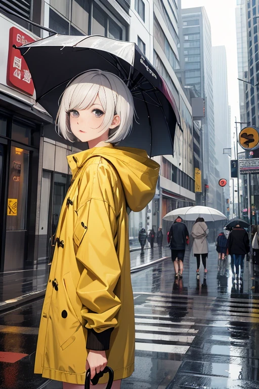 Masterpiece, best quality, anime, 1girl, white short hair with bangs, white skin, big black eyes, ager, yellow raincoat, holding umbrella, raining in the city, crowdy