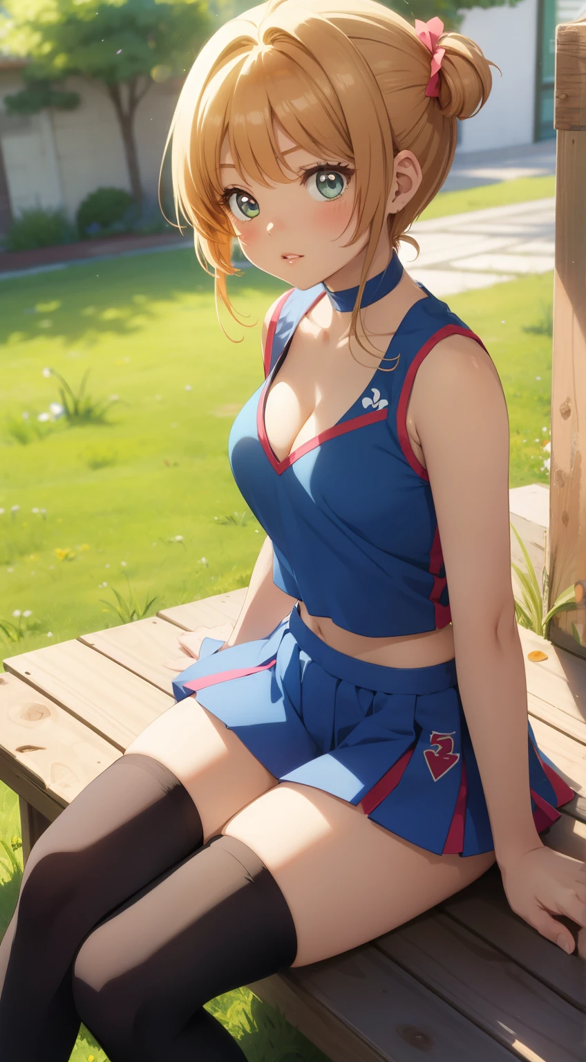 masterpiece, best quality, highres, perfect pixel, depth of field, 1girl, single, solo, beautiful anime girl, beautiful artstyle, (detailed face), (blush), anime CG style, (medium breasts), good lighting, perfect body, lips parted, (sakura kinomoto), glossy lips, cleavage, thigh highs, cheerleader, midriff, sitting, (knees bent), grass
