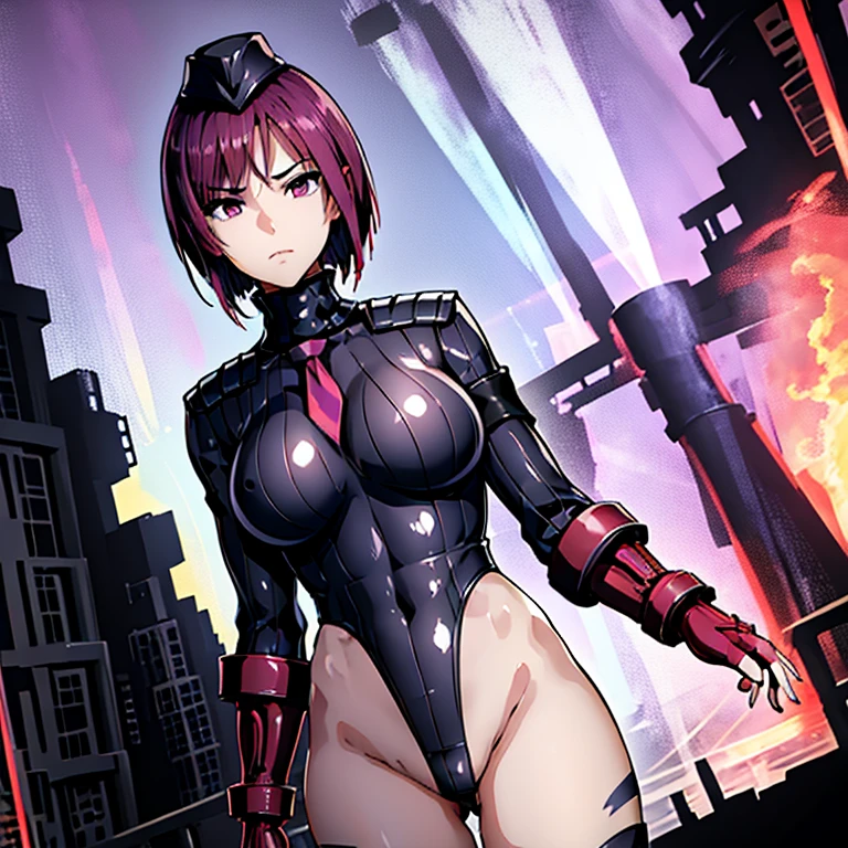 ultra-detailed, Explicit, Beautiful body, Beautiful Nose, Beautiful character design, perfect eyes, perfect face, ultra highres, 4K, beautiful legs, perfect legs, Nice hands, Perfect hand, Masterpiece, Best Quality, Highly detailed, illustration, absurdres, street fighter, doll suit, shadaloo doll, dollsuit, girls, multiple girls, expressionless, blank eyes, looking at viewer, red gloves, emotionless, black latex, corrution, mind control, female combatant, full body, hypnotized, unhappy trance, full body suit, ribbed bodysuit, obey, perfect female body, extremely glossy latex, hypnosis, hypnoLora, empty eyes, Mind control device, poses, brainwashed, submissive_pose, Slave, hat, necktie, belt, latex, garter belt, thighhighs, stand up straight, standing, standing at attention, Heaven burn’s red, tezuka saki, purple hair, purple eyes, short hair, purple lipstick