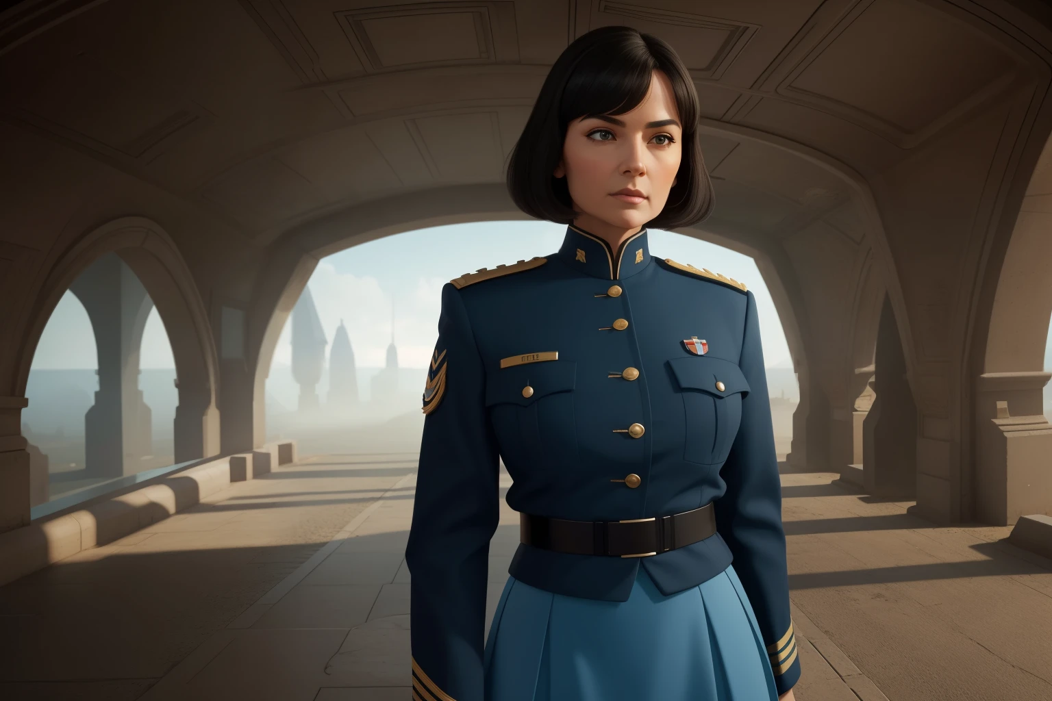 (highest resolution, distinct_Image), Best quality, Masterpiece, highly detailed, semi realistic, A woman with black shoulder-length hair, black pupils, mature, mature woman, Imperial Sister, sexy, Cheveux courts, Triple frange, uniforme bleu clair, uniforme bleu clair jacket, soldat, Light blue pleated skirt, Uniforme militaire, Front de chasse, futur, science-fiction, univers