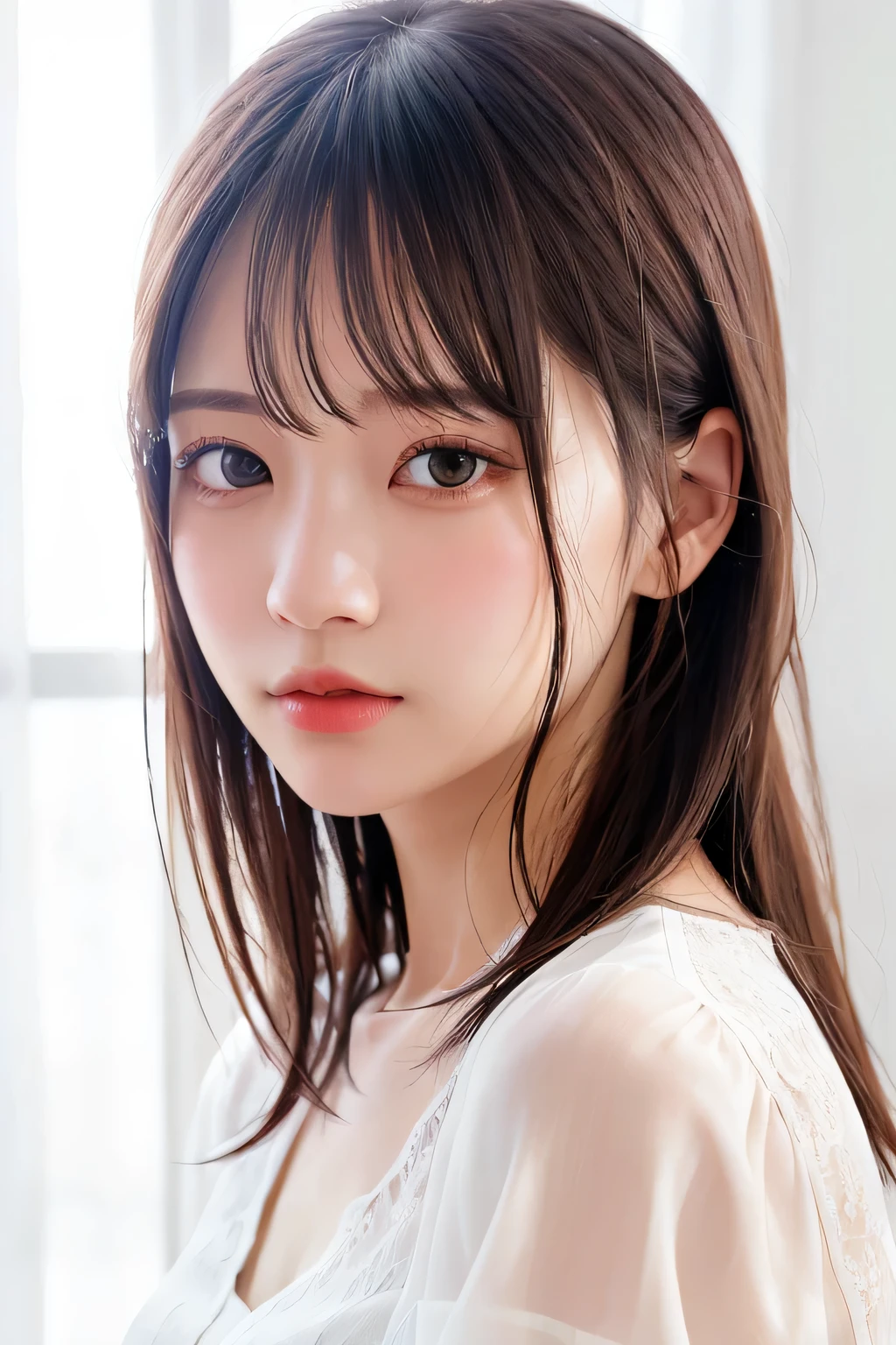 Clothed、(photoRealstic:1.4)、(ハイパーreallistic:1.4)、(reallistic:1.3)、(Smooth lighting:1.05)、(Improved cinematic lighting quality:0.9)、32K、1girl in、20 years girl、Realistic lighting、Back lighting、Facial Lights、Ray tracing、(brightened light:1.2)、(Quality Improvement:1.4)、(Realistic textured skin of the highest quality:1.4)、fine detailed eyes、A detailed face、Fine quality eye、(Tired, sleepy and satisfied: 0.0)、White blouses、(Increase the beauty of skin texture:1.1)、blurry backround、inside in room、Single-color background