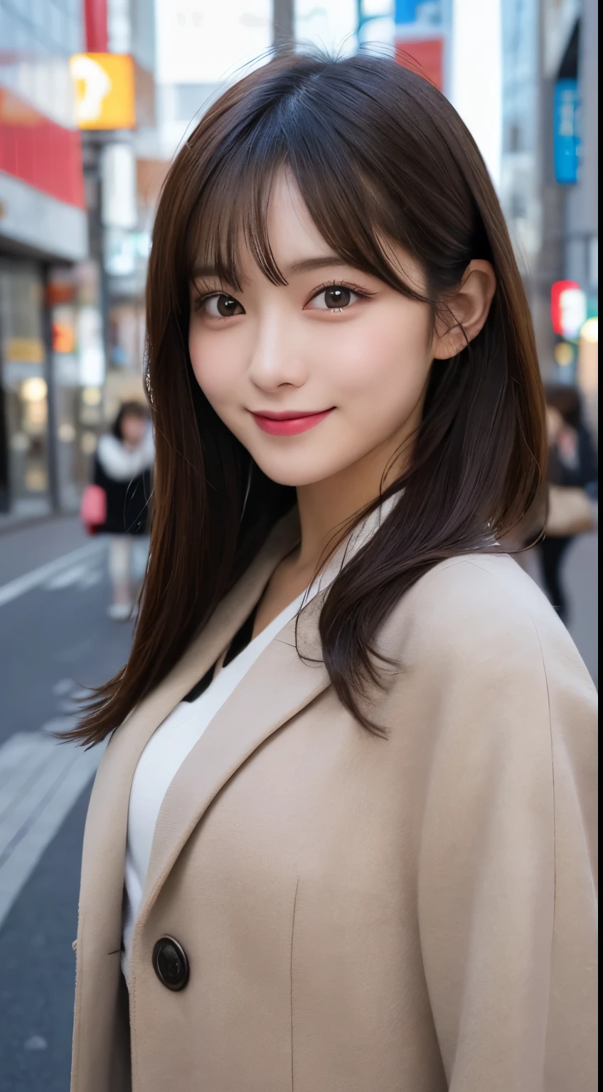 masutepiece, Best Quality, Illustration, Ultra-detailed, finely detail, hight resolution, 8K Wallpaper, Perfect dynamic composition, Beautiful detailed eyes,Medium Hair,small tits,Natural Color Lip, Runrun pose,Smile、20 years girl、Cute、Sexy shot looking at camera,Blur the background,Winter Tokyo formal fashion(coat)