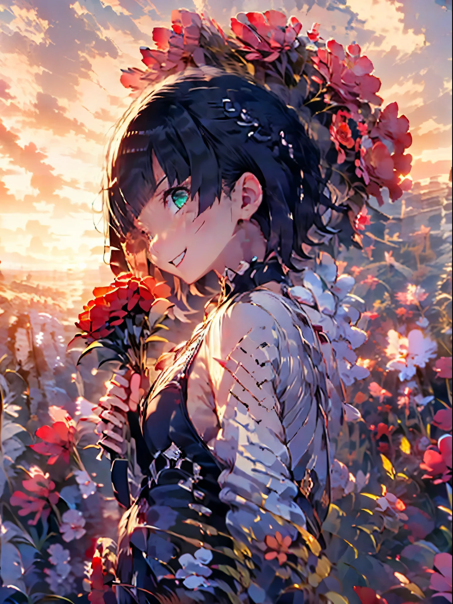 masterpiece, best quality, 1girl, yelan, genshin impact, black hair, dark blue hair, short hair, light emerald-green eyes, tall, smile, eyes close, holding a couple of flower, flower field, sunset, white cloud, gray cloud, bird silhouette at sky