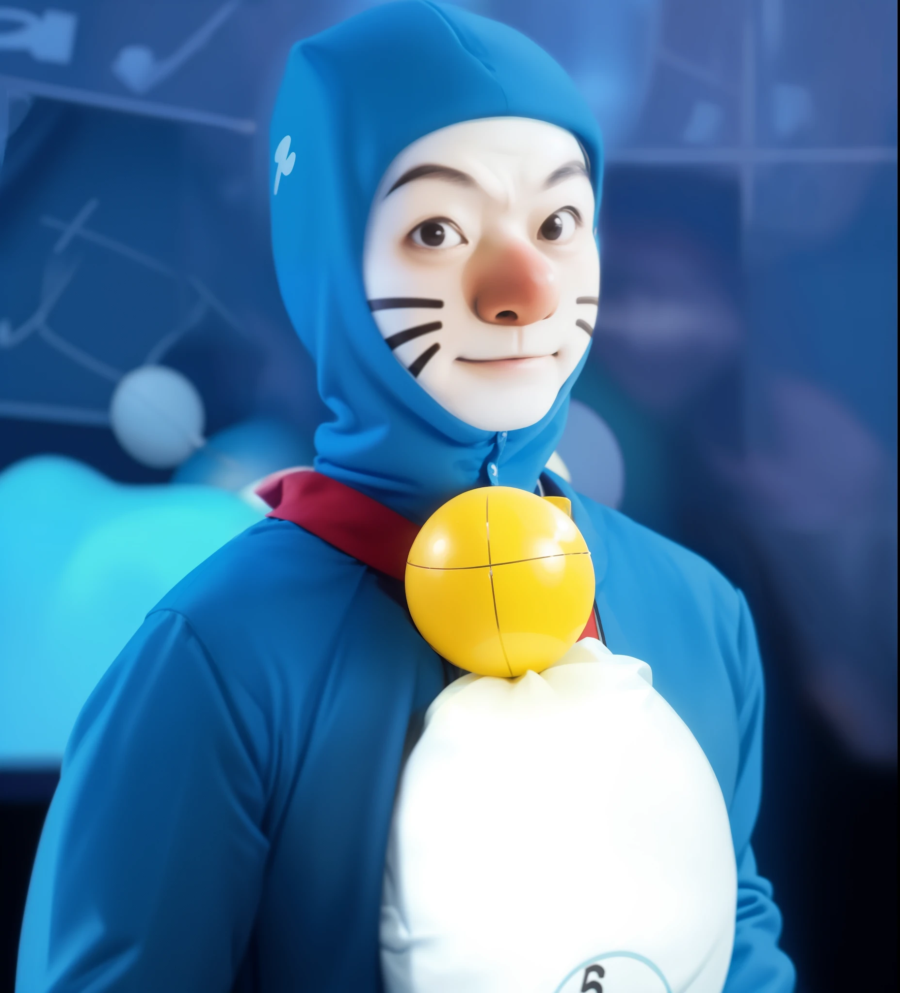 there is a man cosplaying doraemon in a blue suit with a yellow ball, doraemon,