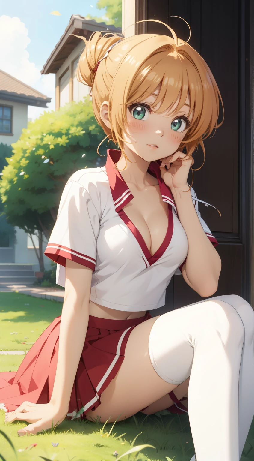 masterpiece, best quality, highres, perfect pixel, depth of field, 1girl, single, solo, beautiful anime girl, beautiful artstyle, (detailed face), (blush), anime CG style, (medium breasts), good lighting, perfect body, lips parted, (sakura kinomoto), glossy lips, cleavage, thigh highs, cheerleader, midriff, sitting, (knees bent:1.2), grass