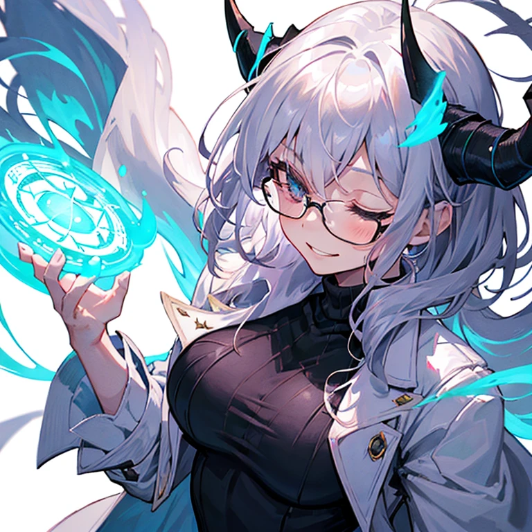 ((((One lady)))),((Two black horns)),Woman with glasses and blue turtleneck top, [[[[grinning evily]]]], cute slightly nerdy smile, (hightquality), silber hair,Gapmoe Yandere, silber hairの女性, portrait gapmoe yandere grimdark,Scholar in white coat,Sorcerer,half updo,Medium Hair,hair between eye,Wavy Hair,fullllbody,(((38 years))),Casting a spell,Picture in motion,Eyes closed,magic circles,Summoner((((((One lady))))))