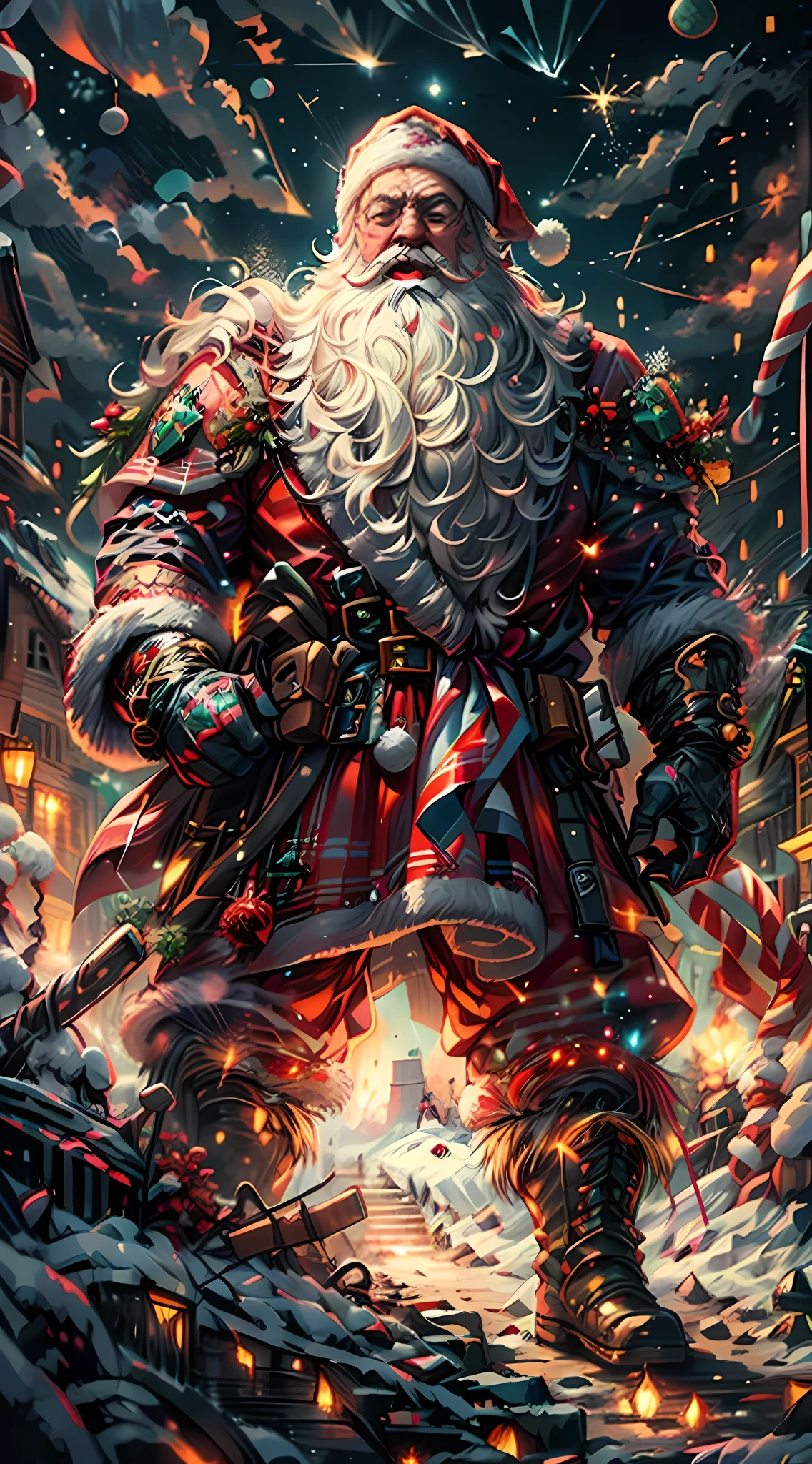 Full body,(a detailed artwork), Santa Claus as boss of game Dark Souls in the Christmas DLC, detailed eyes of Santa Claus, detailed lips of Santa Claus, extremely detailed face and beard, long white beard, muscular body of Santa Claus, wearing gold armor, holding a giant candy cane as a weapon, surrounded by a dark and gloomy environment with glowing Christmas lights, intense boss fight with fiery effects and explosions, high-resolution image (4k, 8k), HDR lighting, realistic portrayal, vibrant colors, atmospheric and ominous feel, intense action-packed scene.