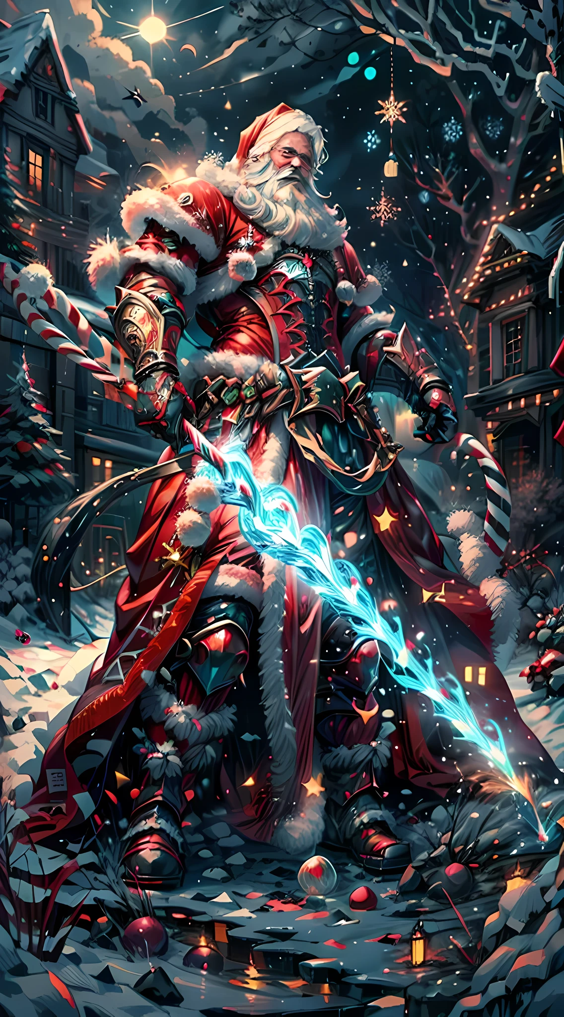 Santa Claus as the boss of the game "Dark Souls" in the Christmas DLC,best quality,4k,8k,highres,masterpiece:1.2,ultra-detailed,realistic:1.37,[HDR],[UHD],[studio lighting],extremely detailed face,beautiful detailed eyes,beautiful detailed lips,long eyelashes,[physically-based rendering],powerful physique,wearing a red and white armor suit with intricate designs,[imposing presence],holding a mighty candy cane [greatsword],surrounded by a snowy landscape,with large icicles hanging from the environment,casting a golden aura,[epic battle scene],intense fire and smoke effects,[vivid colorokeh],blue and white color scheme with hints of gold, dramatic lighting with warm highlights and cool shadows.