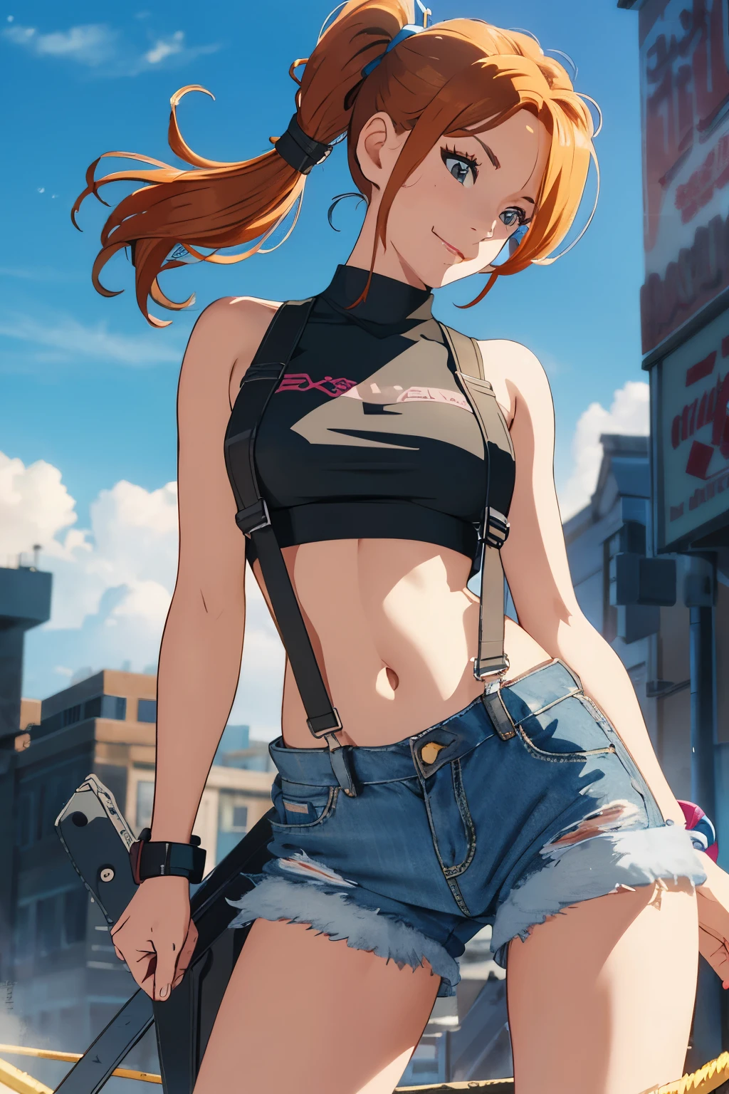 misty, pokemon trainer, short hair, red hair, antenna hair, blue eyes, small breasts, yellow tank top, red suspenders, blue jean shorts, no shoes, light smile, simple background, sexy, cleavage, pose focus on butt, focus on waist