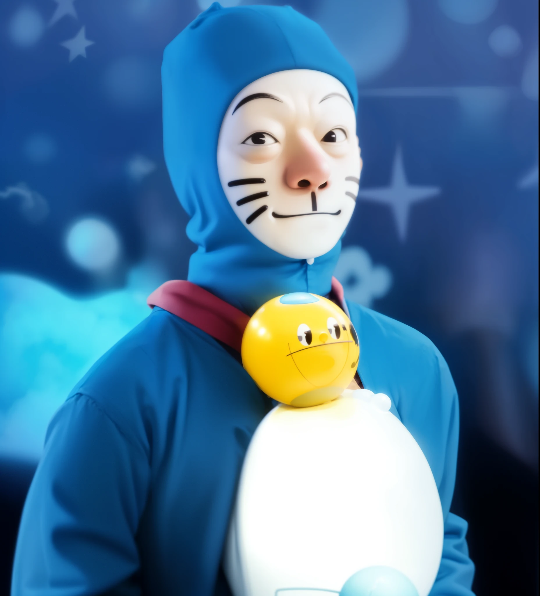 there is a man cosplaying doraemon in a blue suit with a yellow ball, doraemon, uncanny face, creepy face