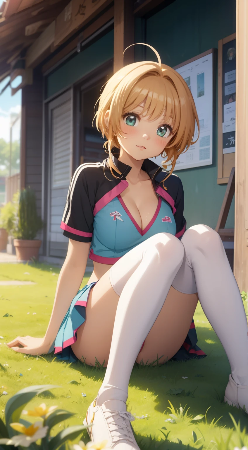 masterpiece, best quality, highres, perfect pixel, depth of field, 1girl, single, solo, beautiful anime girl, beautiful artstyle, (detailed face), (blush), anime CG style, (medium breasts), good lighting, perfect body, lips parted, (sakura kinomoto), glossy lips, cleavage, thigh highs, cheerleader, midriff, sitting, (knees bent:1.2), grass