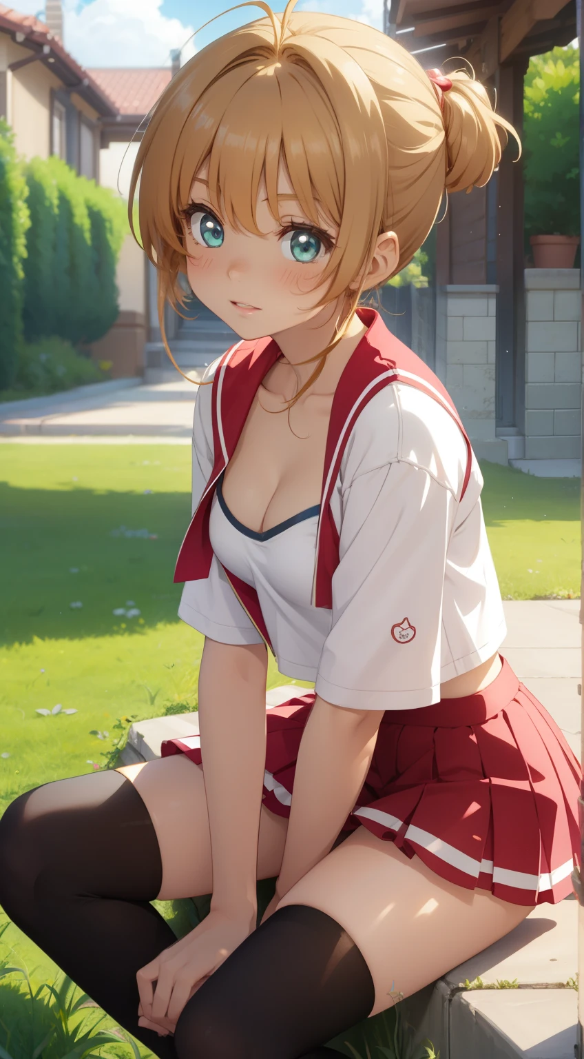 masterpiece, best quality, highres, perfect pixel, depth of field, 1girl, single, solo, beautiful anime girl, beautiful artstyle, (detailed face), (blush), anime CG style, (medium breasts), good lighting, perfect body, lips parted, (sakura kinomoto), glossy lips, cleavage, thigh highs, cheerleader, midriff, sitting, (knees bent:1.2), grass