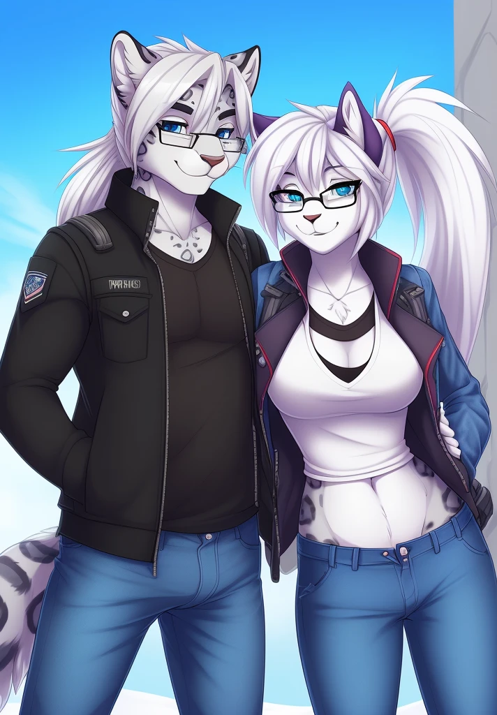 by fluff-kevlar, (best quality, masterpiece:1), solo, anthro, furry, female, ((Snow Leopard)), blue eyes, white hair, long hair, ponytail, portrait, fingers, finger claws, looking at viewer, snow leopard tail, ((large tuft of hair on the chest)), ((denim jeans)), ((jacket)), ((shirt)), ((fully clothed)), ((medium breasts)), (tactical vest), (backpack), ((nerd)), glasses, braces, smiling, ((1woman)), ((1man)), ((man's arm around woman's waist)) ((posing for photo)) ((Male anthro husky)), ((taller male)), ((shorter female)), ((penis shape bulge down pants leg))