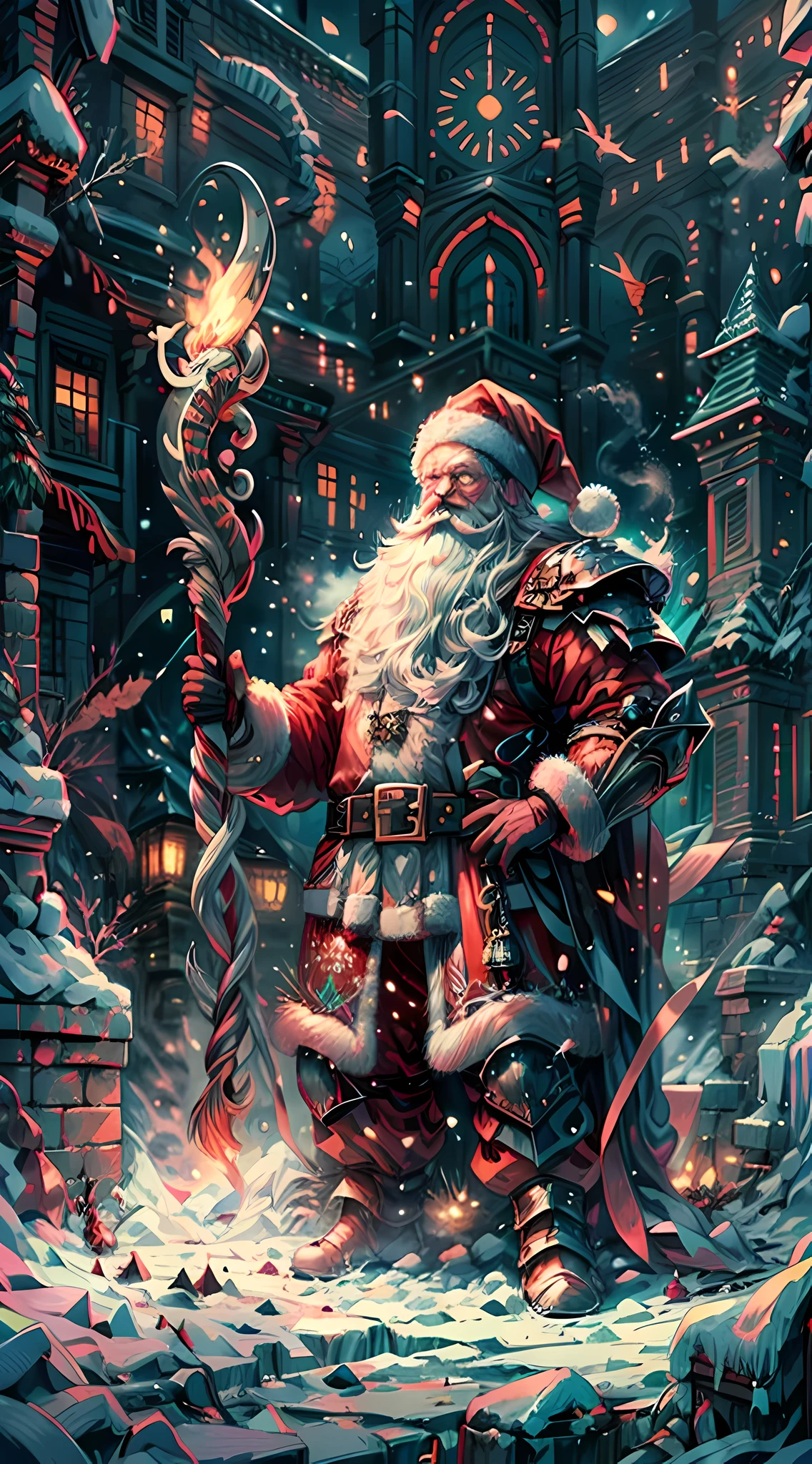 Santa Claus as the boss of the game "Dark Souls" in the Christmas DLC,best quality,4k,8k,highres,masterpiece:1.2,ultra-detailed,realistic:1.37,[HDR],[UHD],[studio lighting],extremely detailed face,beautiful detailed eyes,beautiful detailed lips,long eyelashes,[physically-based rendering],powerful physique,wearing a red and white armor suit with intricate designs,[imposing presence],holding a mighty candy cane [greatsword],surrounded by a snowy landscape,with large icicles hanging from the environment,casting a golden aura,[epic battle scene],intense fire and smoke effects,[vivid colorokeh],blue and white color scheme with hints of gold, dramatic lighting with warm highlights and cool shadows.