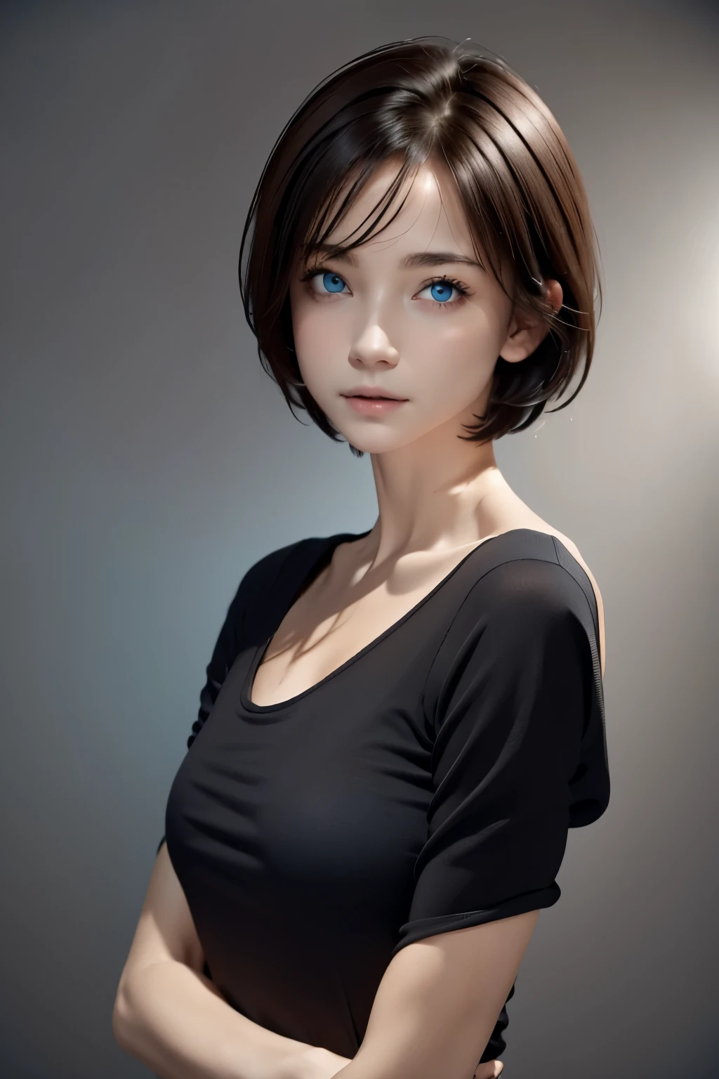 Skin Tight Black Top:1.2, Looking at Viewer, Cinematic lighting, Perfect, softlight, High resolution skin:1.2, Realistic skin texture, 14years、a small face、no-makeup、, off shoulders,Bust B Cup、Small cleavage, Blue eyes, Short hair, dark brown  hair、fullnude、Gray background、