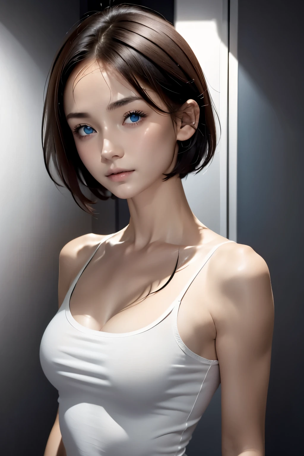 Skin Tight Black Top:1.2, Looking at Viewer, Cinematic lighting, Perfect, softlight, High resolution skin:1.2, Realistic skin texture, years、a small face、no-makeup、, off shoulders,Bust B Cup、Small cleavage, Blue eyes, Short hair, dark brown  hair、fullnude、Gray background、