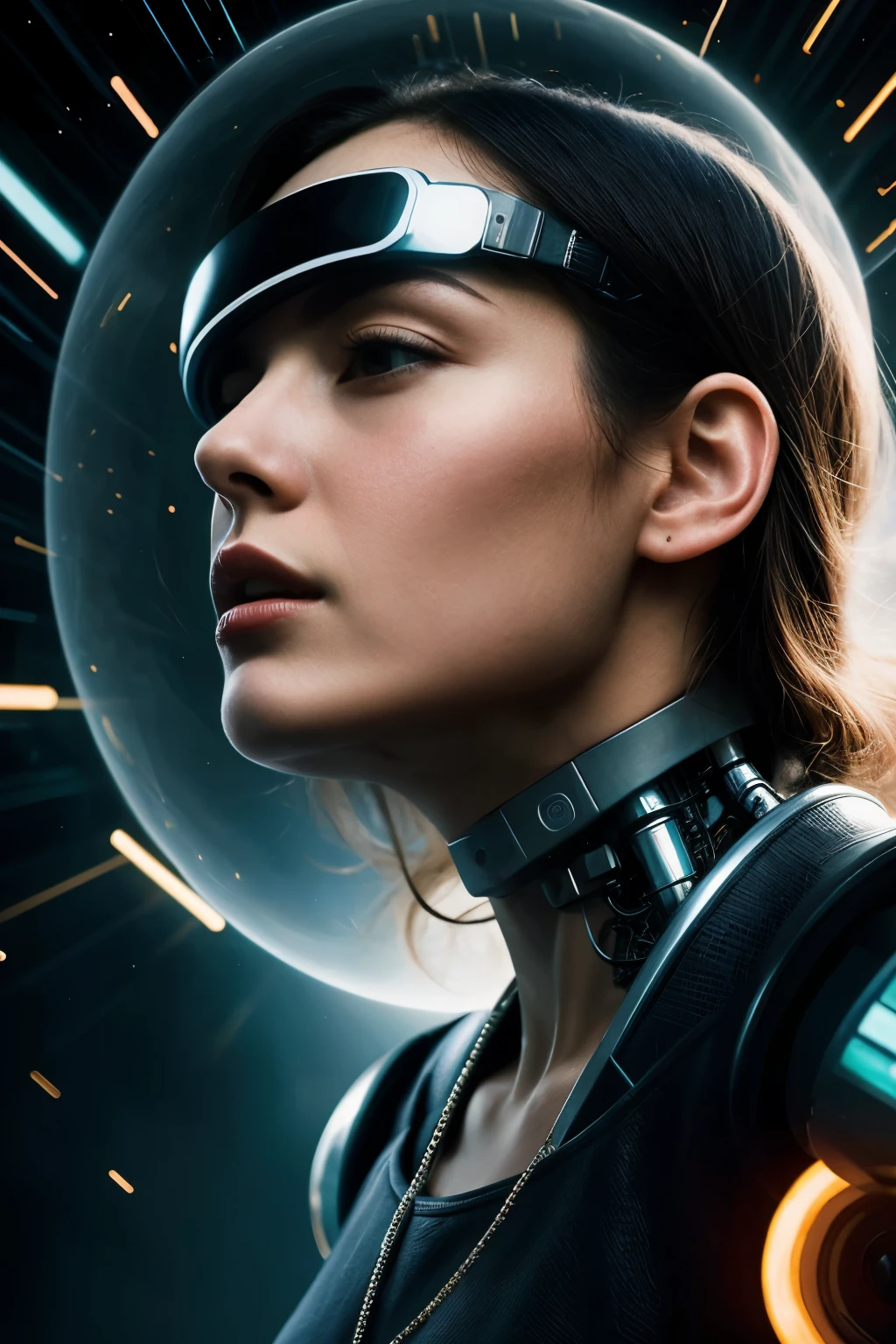 ((best quality)), ((masterpiece)), (detailed), perfect face, Create a classic painting depicting a female cyberpunk bionic android confronting a powerful entity in a virtual reality realm, their cybernetic forms intertwining amidst a swirling vortex of data and code. Use a dramatic composition and symbolism to represent the battle between technology and the human spirit