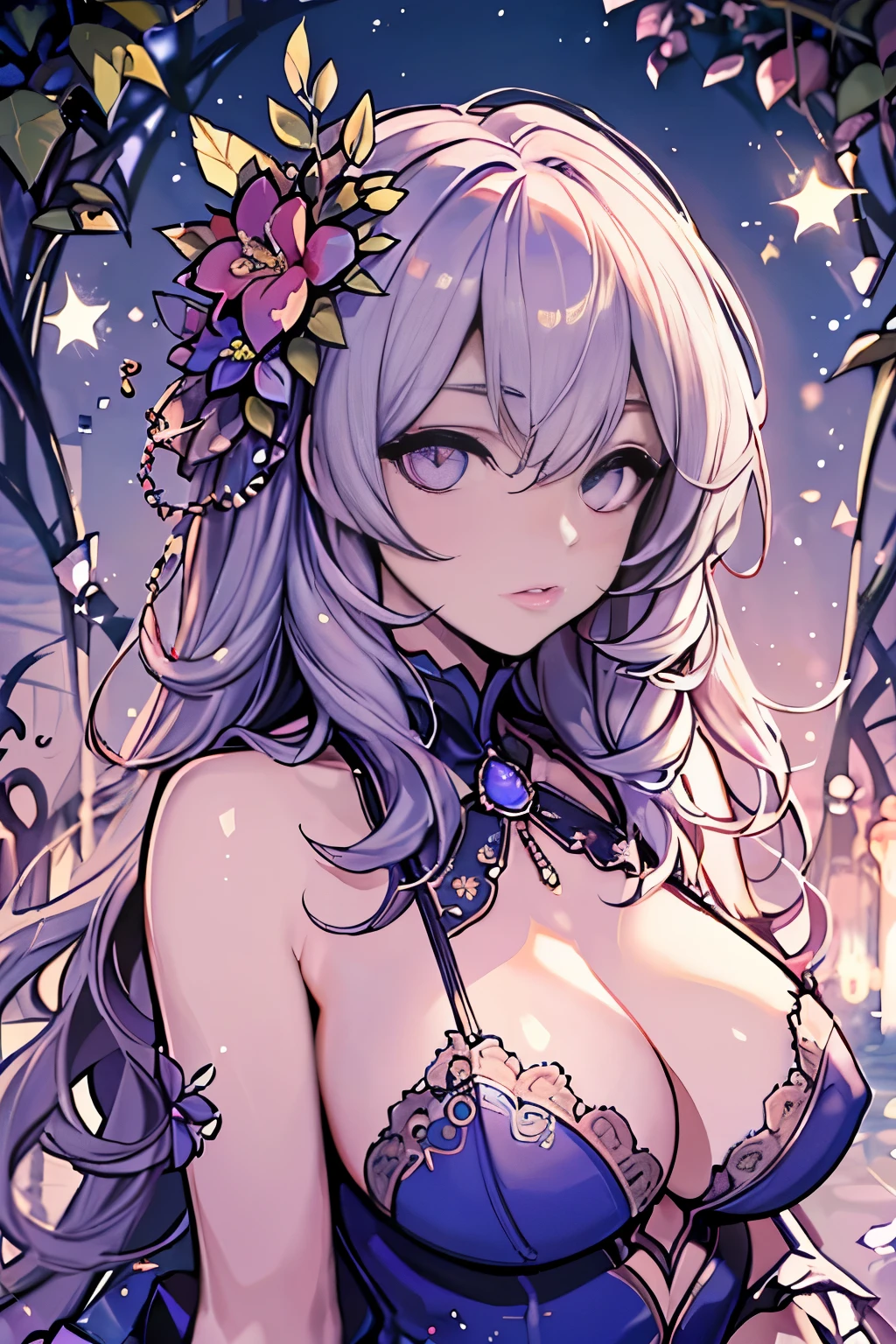 High quality, 8K, Detailed depiction, biologically correct, prety woman, Sparkly eyes, clear eyeballs, A detailed eye, False lashes, Moist and glossy lips, toned body, large full breasts, Lustrous skin, morning flower dress, morning flower accessory, sexy pose,