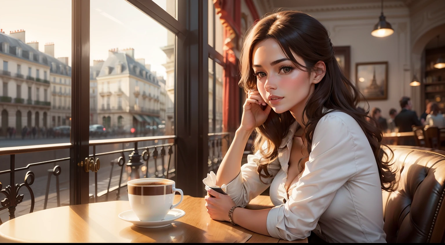 Draw a scene of a Parisian café with a cup of coffee with an elegant beautiful girl